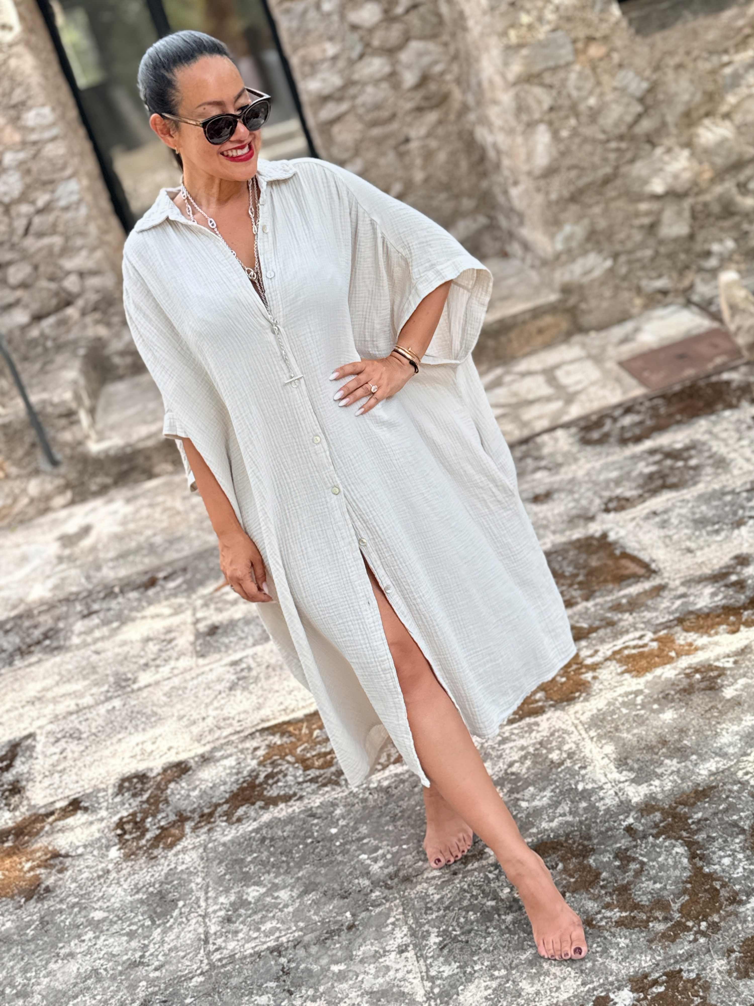Musselin Oversize Kleid mit Taschen - LANA - Beige Musselin Oversize Kleid mit Taschen - LANA - Beige