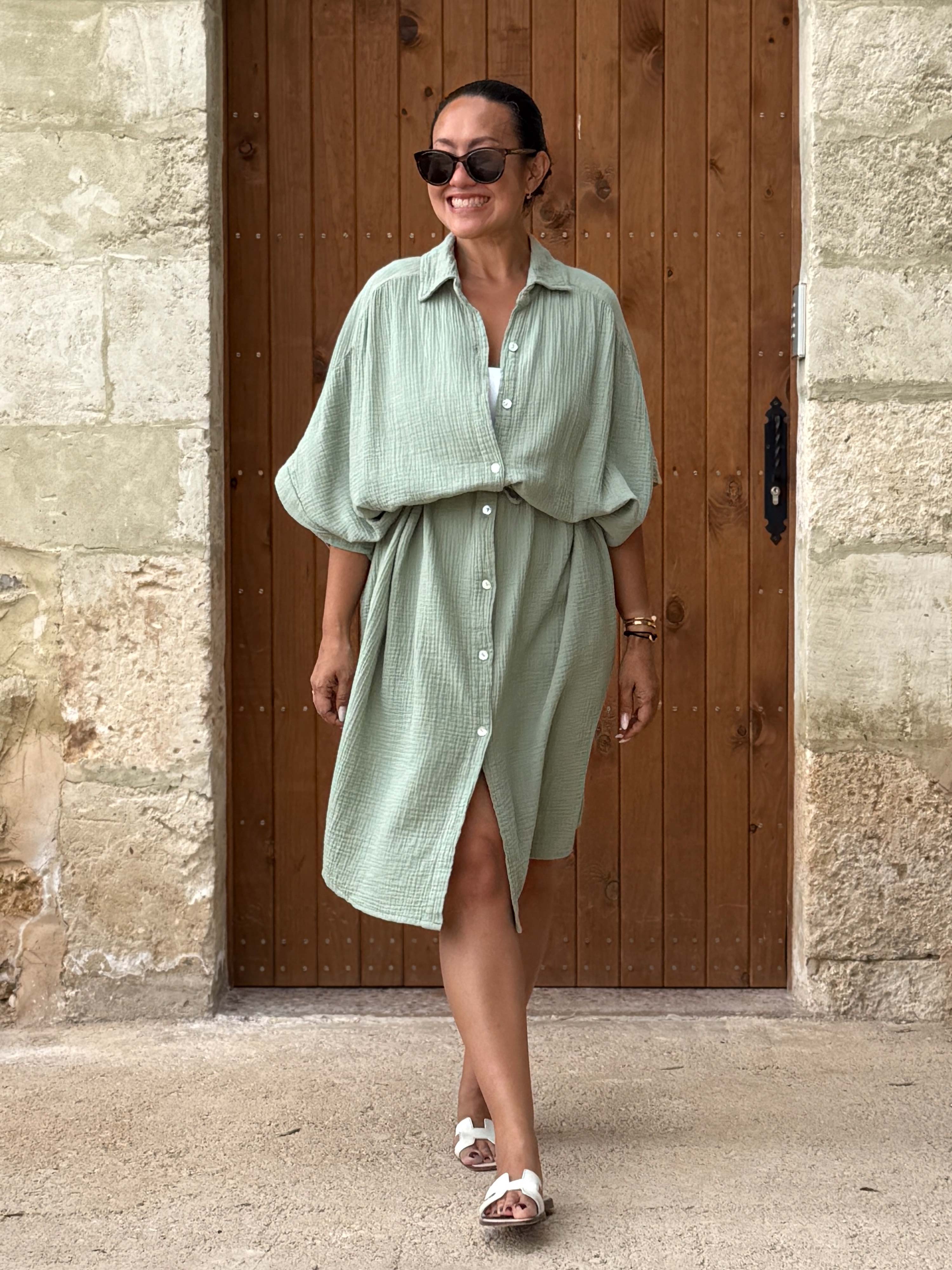 Musselin Oversize Kurzarm Blusenkleid - LANA - Matcha