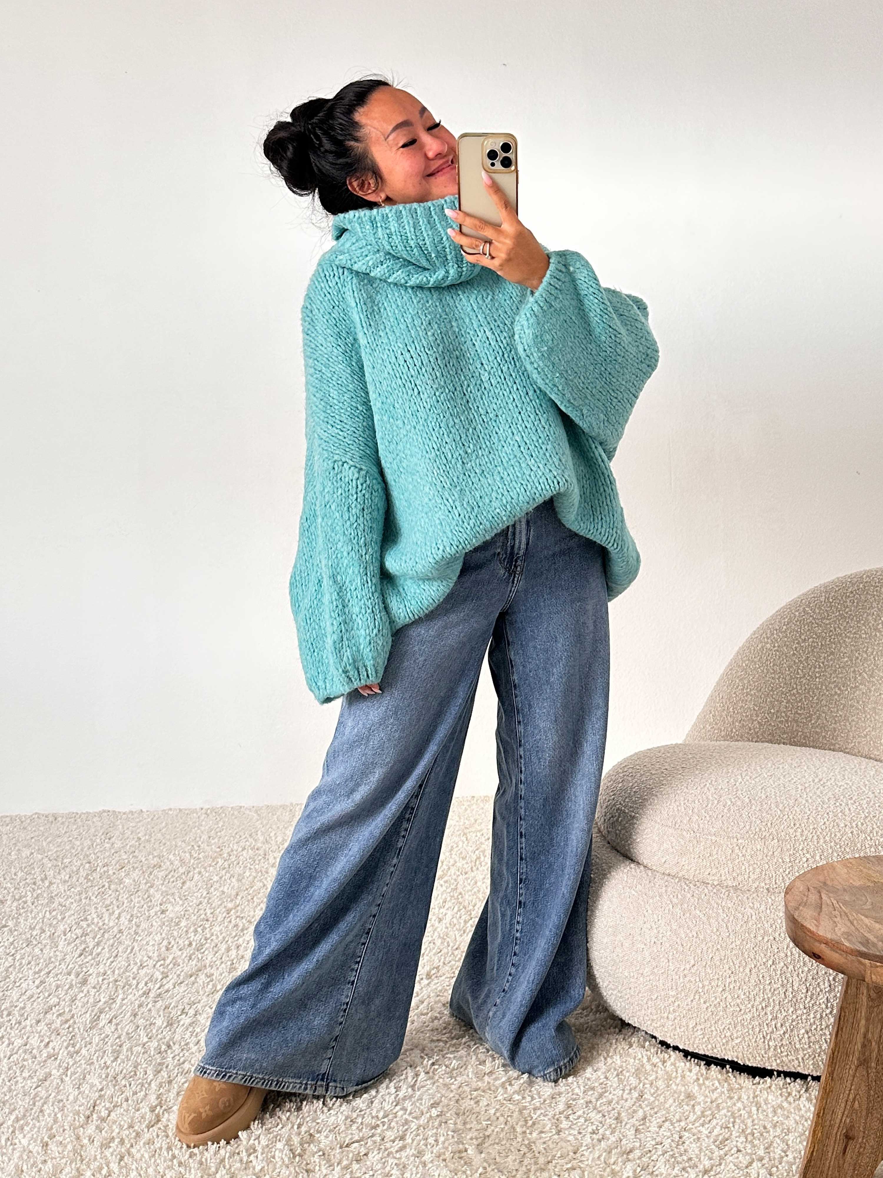 Oversize WINTER Pullover mit Schalkragen - FLAUSCHI - Türkis