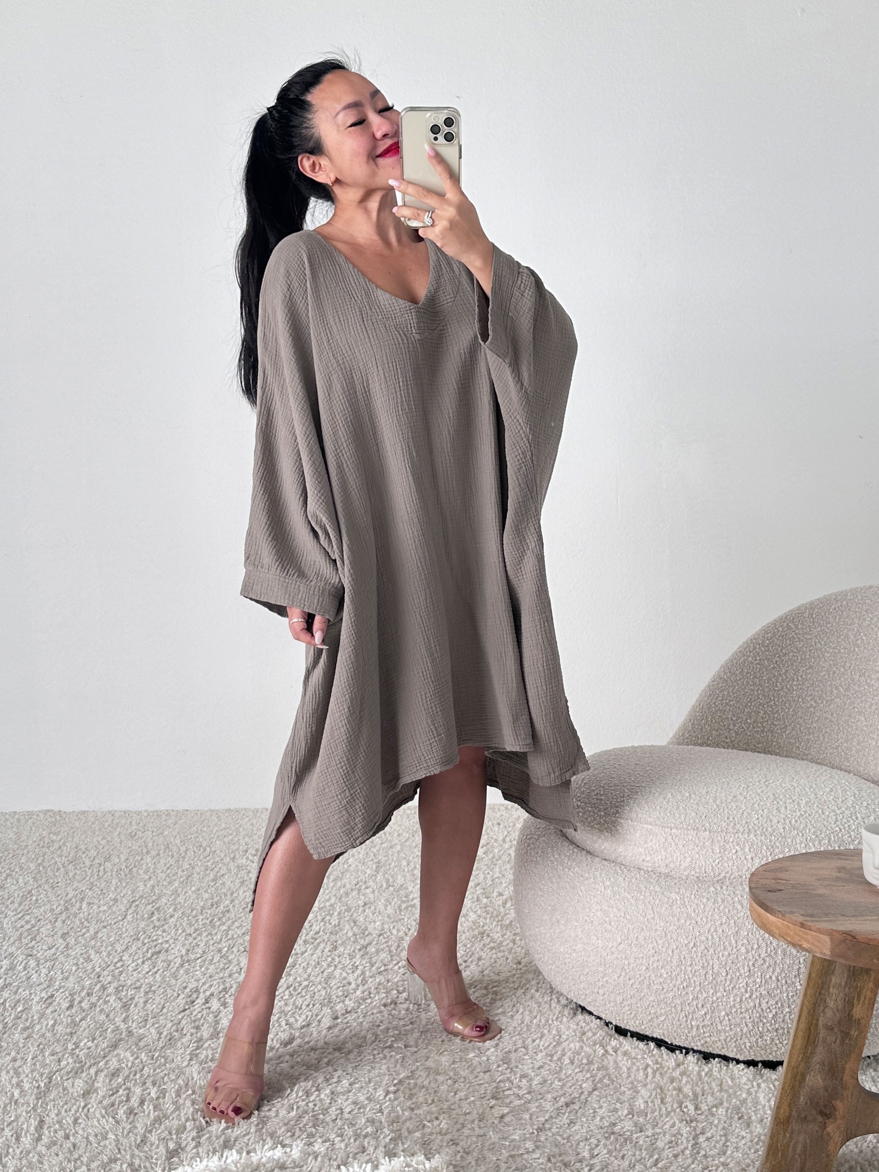 Musselin Blusenponcho - Taupe