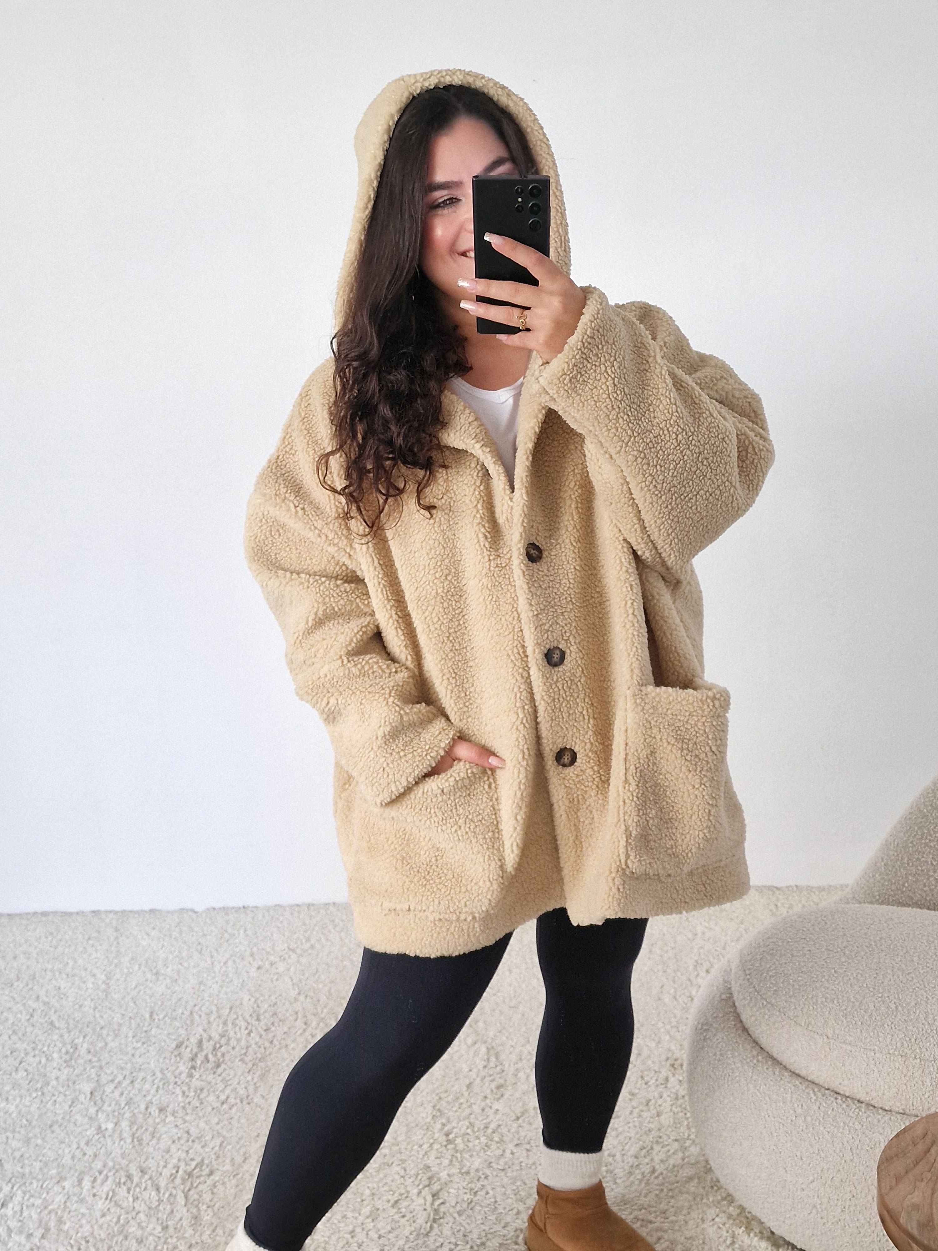 Teddylook Oversize Jacke mit Kapuze - Oatmeal Teddylook Oversize Jacke mit Kapuze - Oatmeal