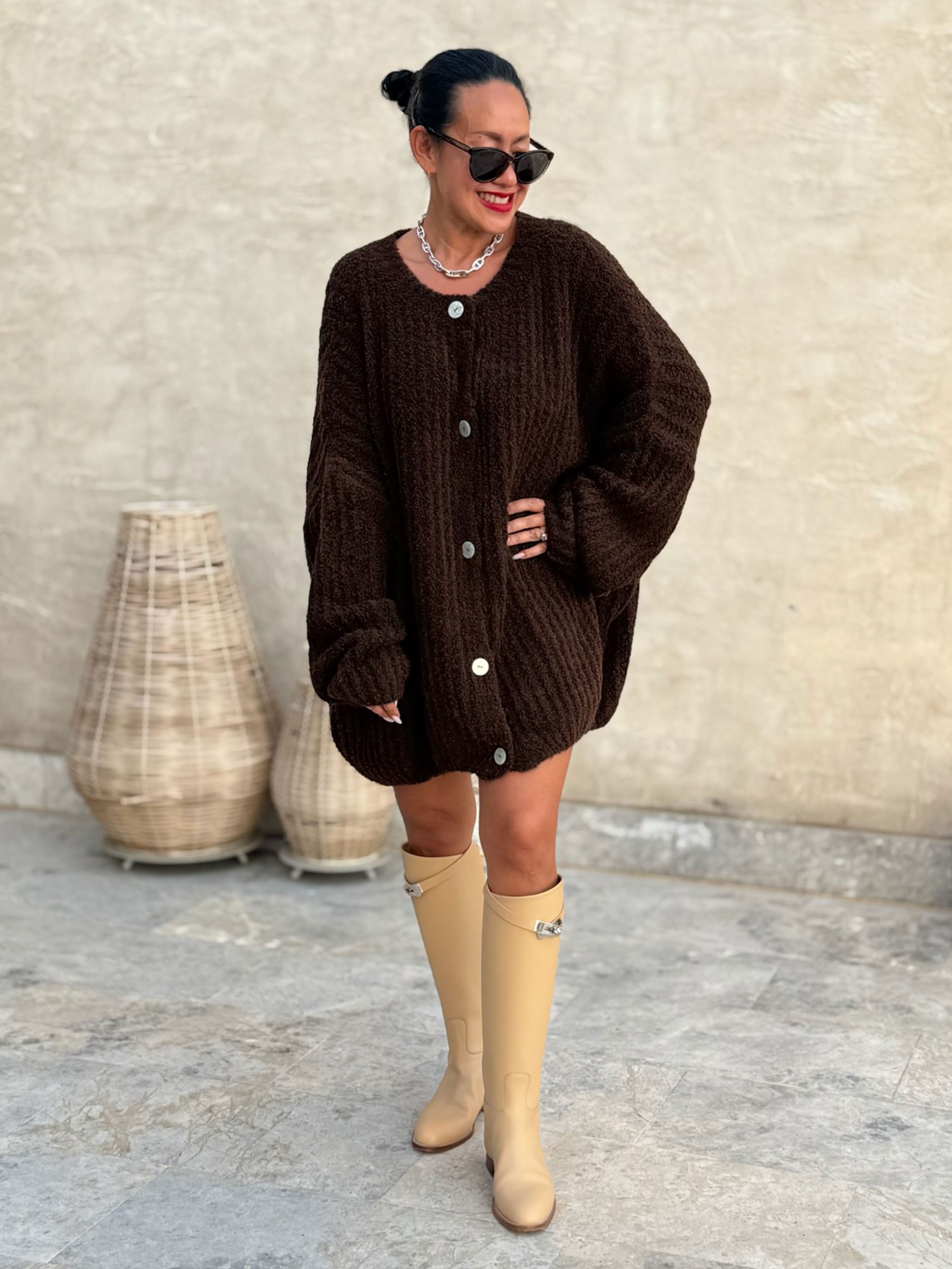 Oversize Bouclé Grob Strickjacke - Schoko