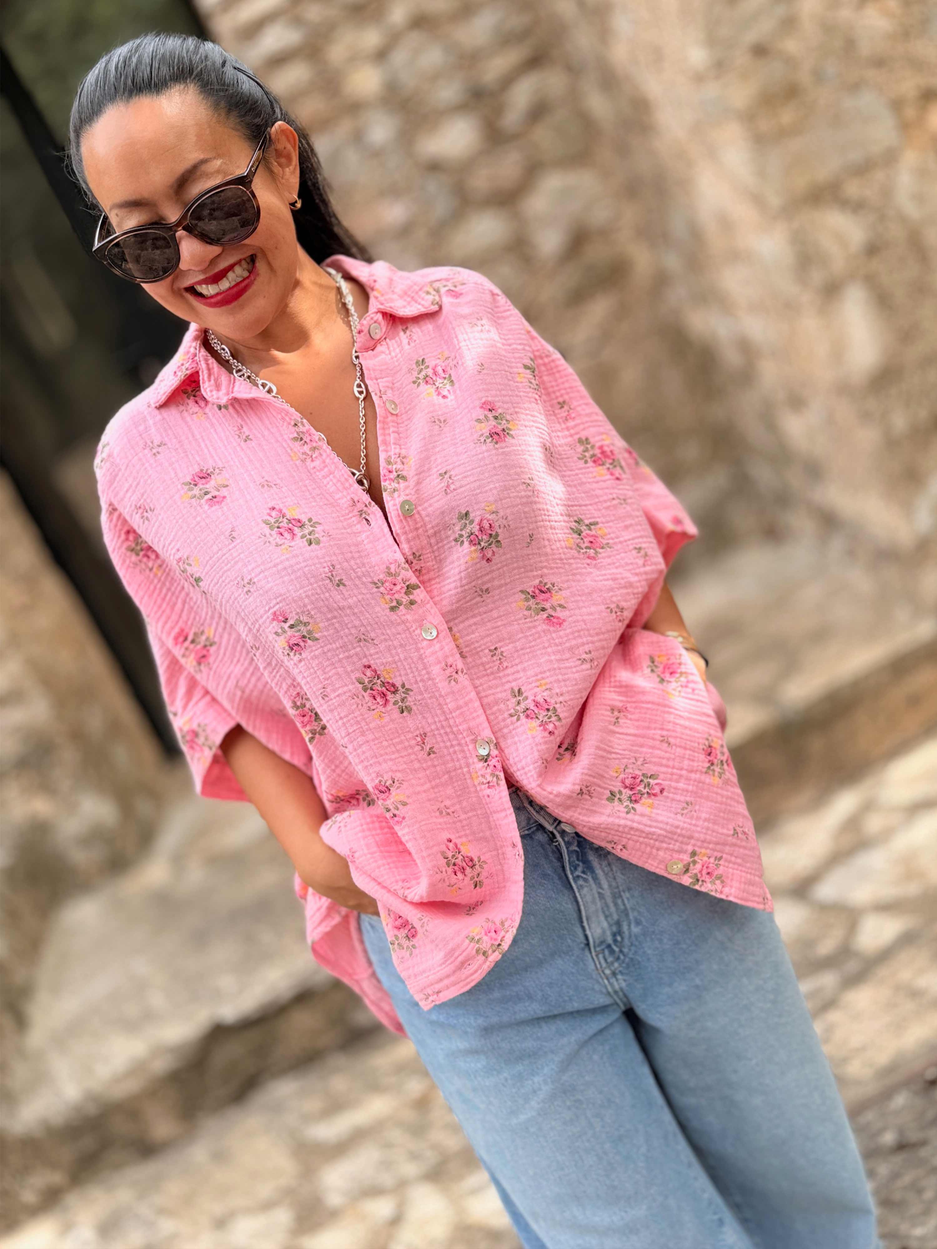 Musselin Oversize Kurzarm Bluse MIDI - Blossom Musselin Oversize Kurzarm Bluse MIDI - Blossom
