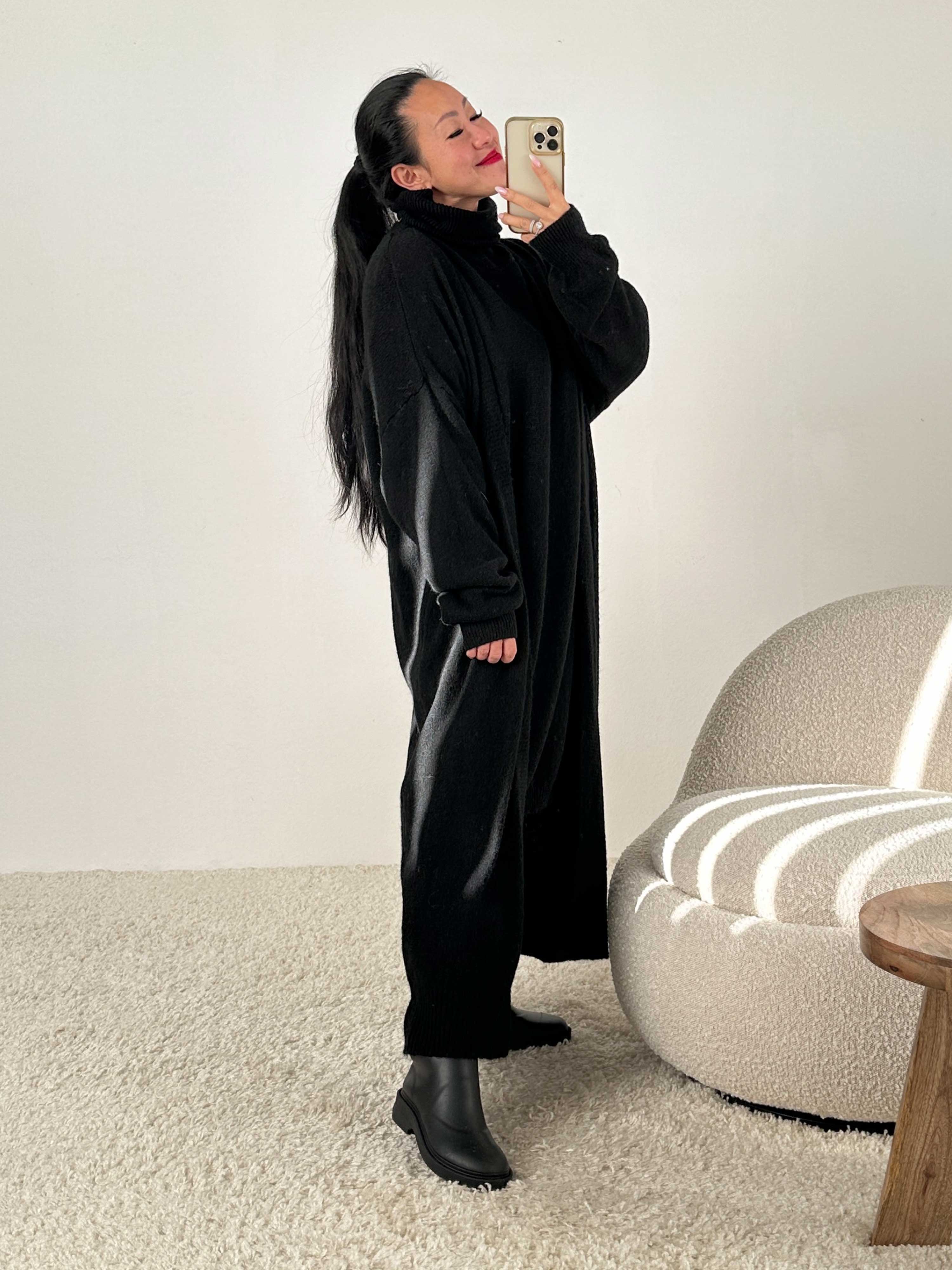 7172-Schwarz-2 Strickjacke mit Gürtel - Schwarz