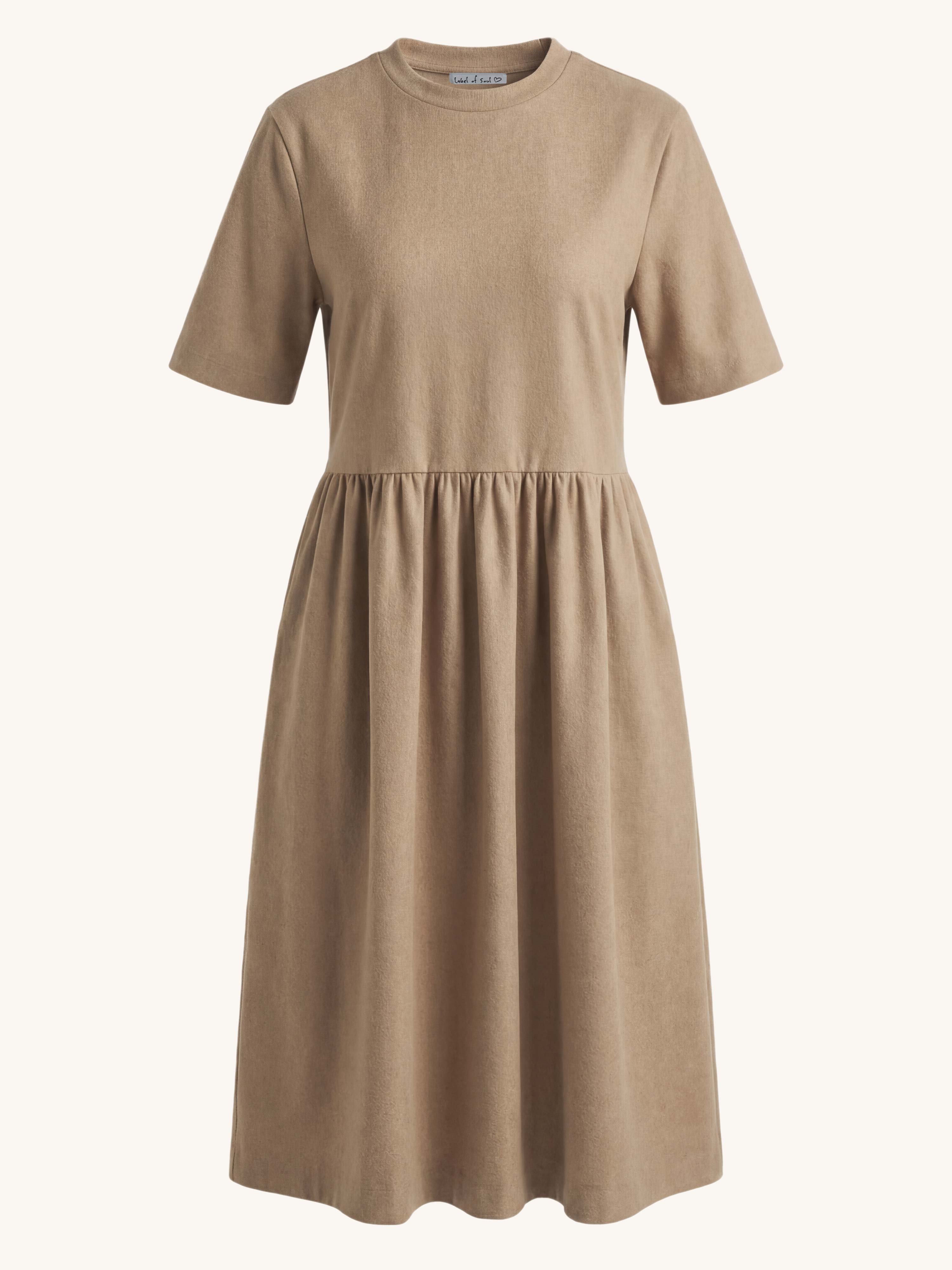 Kurzarm Cotton Kleid mit Seitentaschen - Camel