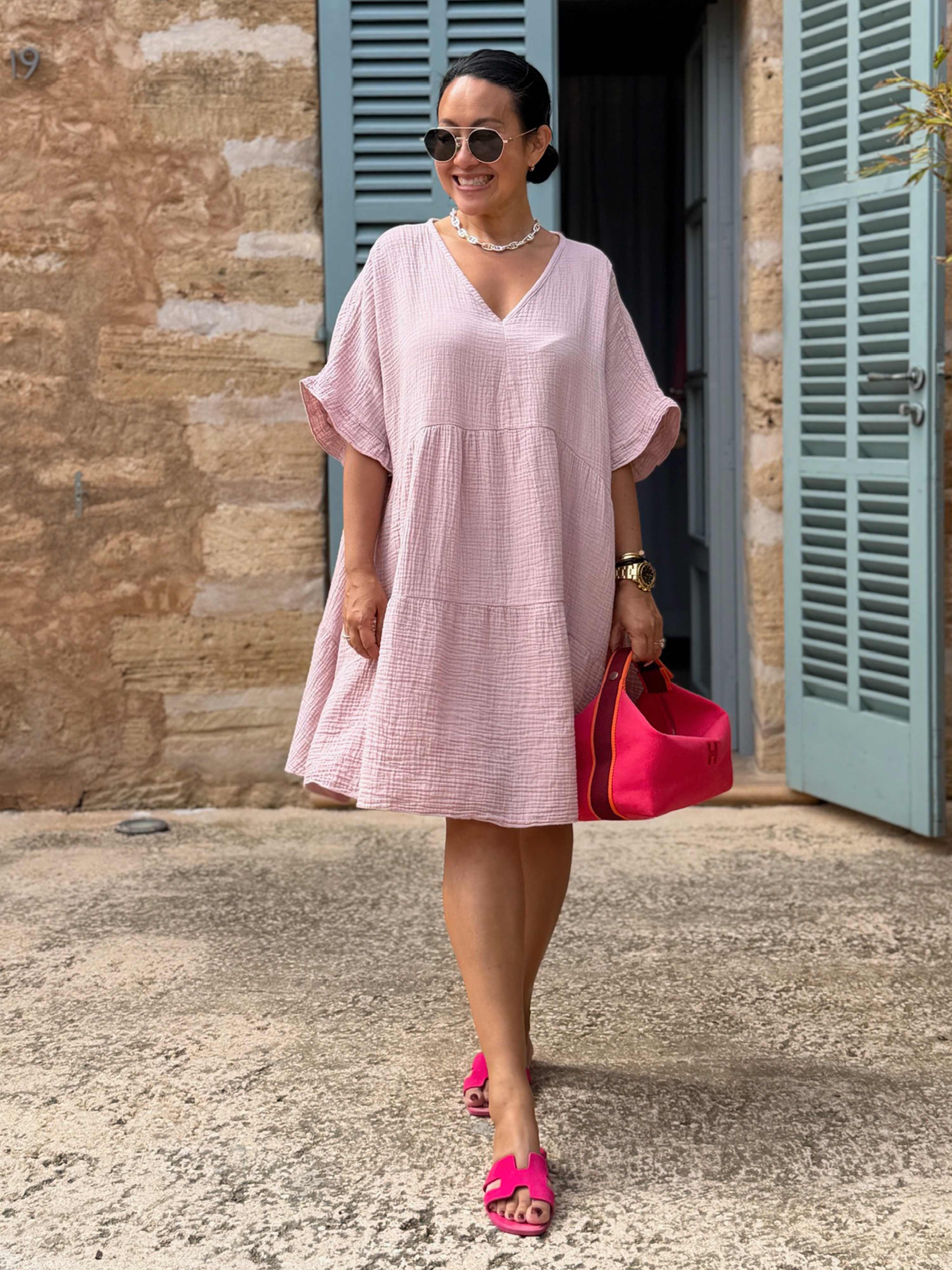 Musselin Tunika Midi mit V-Ausschnitt - Blush