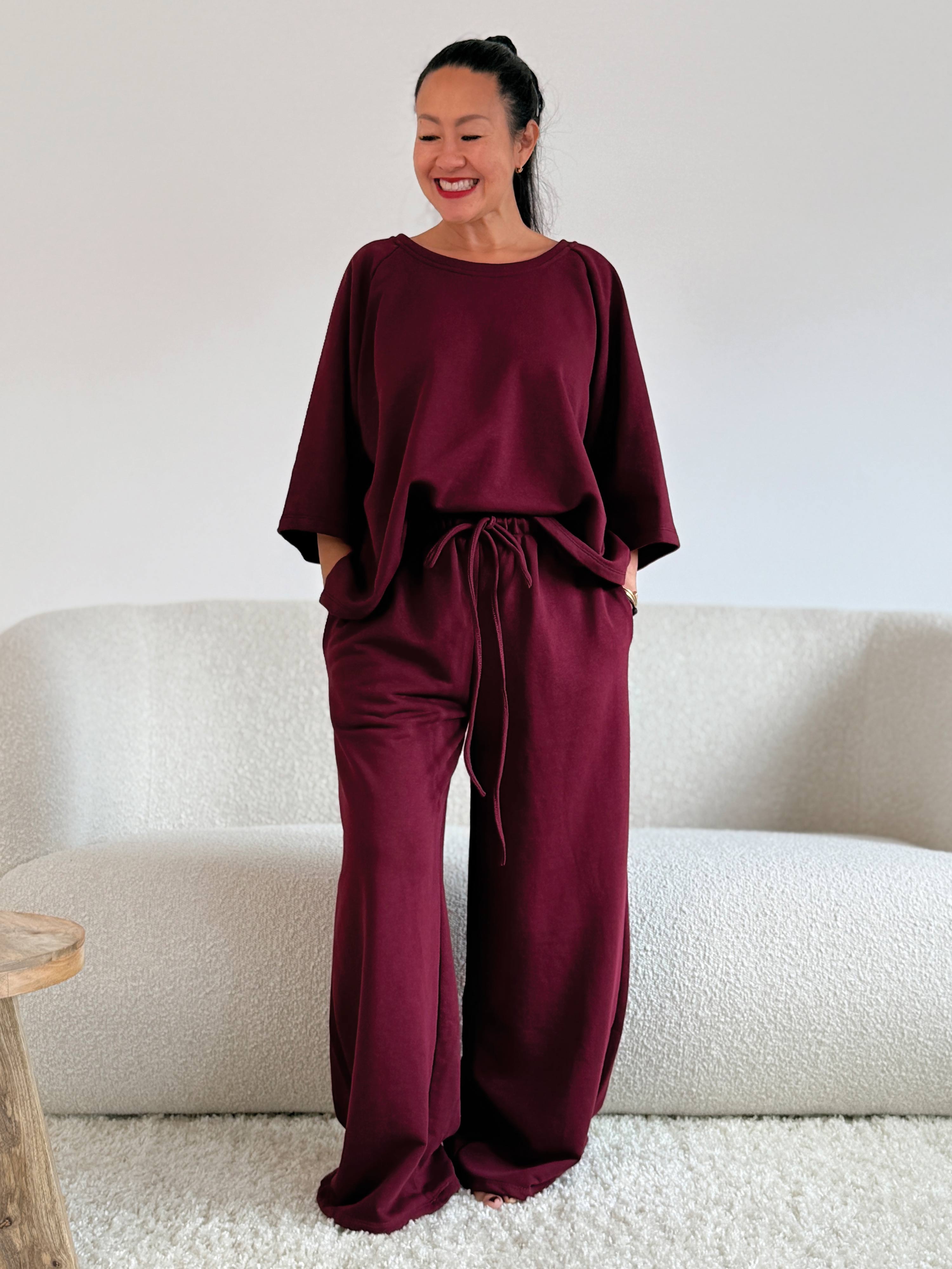 Basic Oversize Kurzarm Sweatshirt - Burgundi