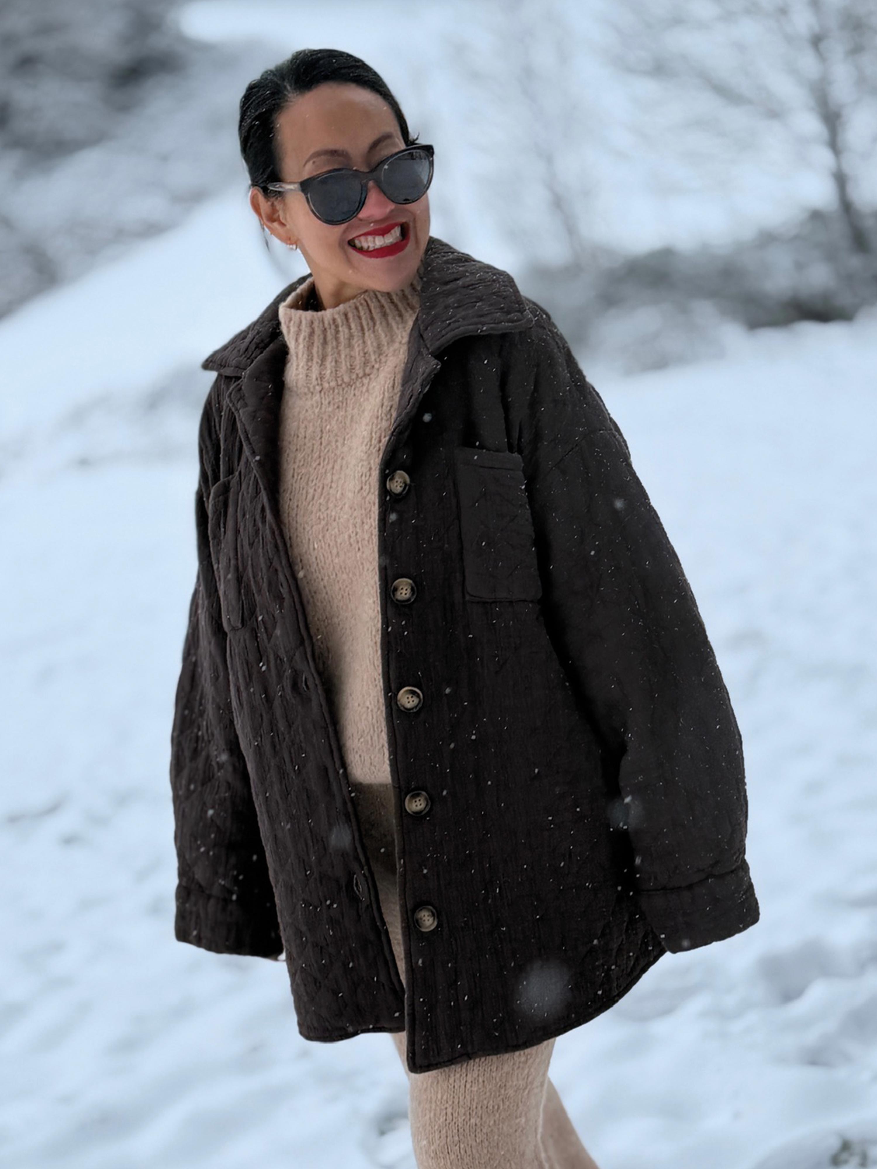 Gefütterte Oversize Musselin Overshirt Jacke - Schoko