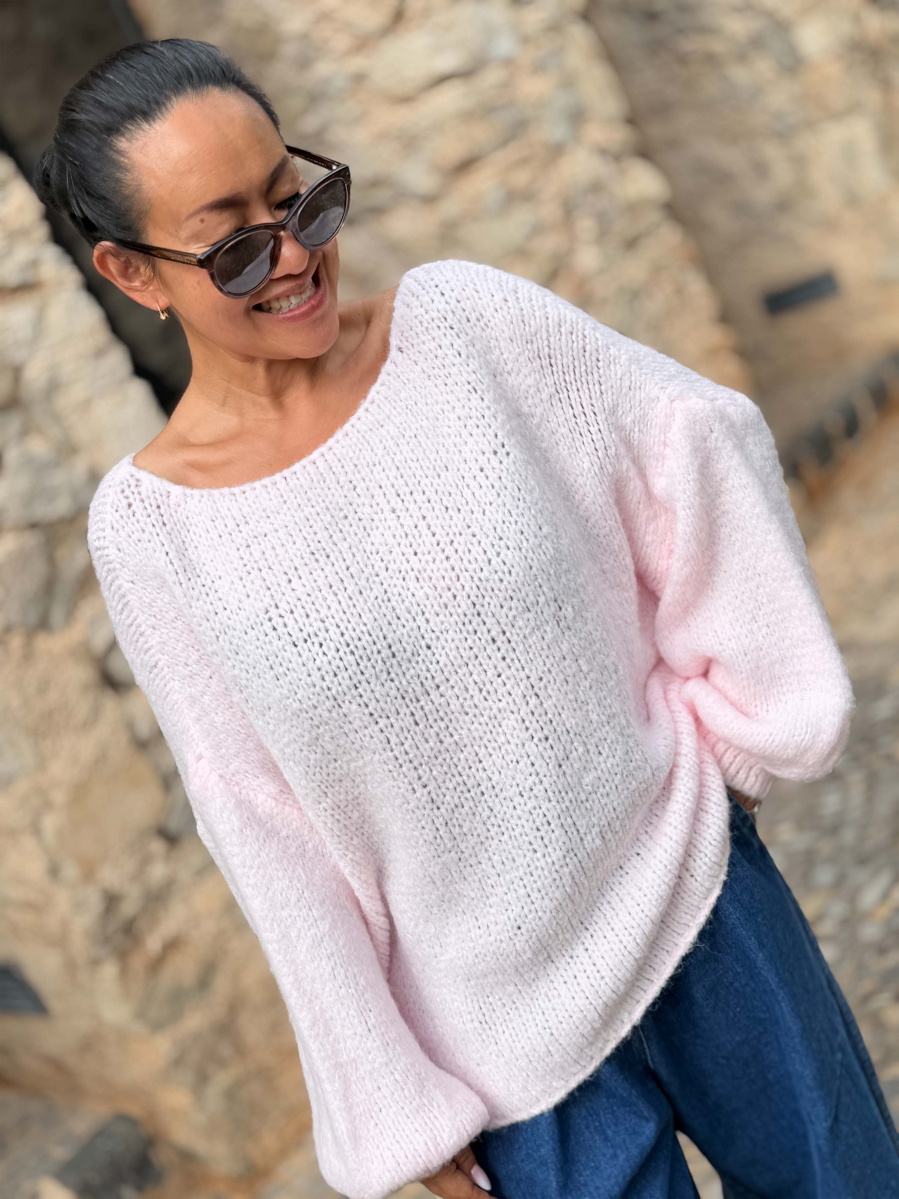 Oversize Cropped Strickpullover - FLAUSCHI - Rosa
