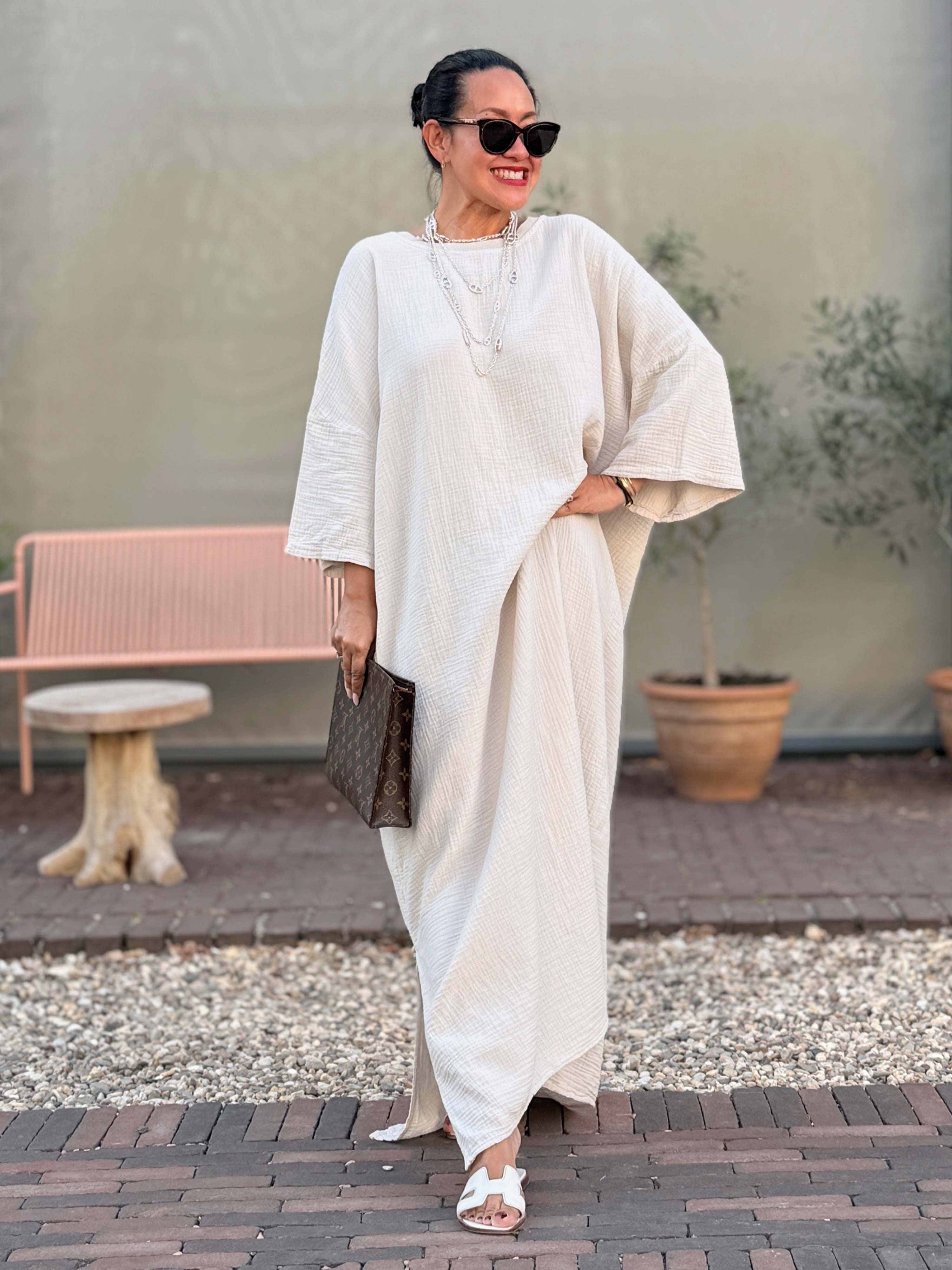 Musselin Oversize Kurzarm Sweatkleid - Beige