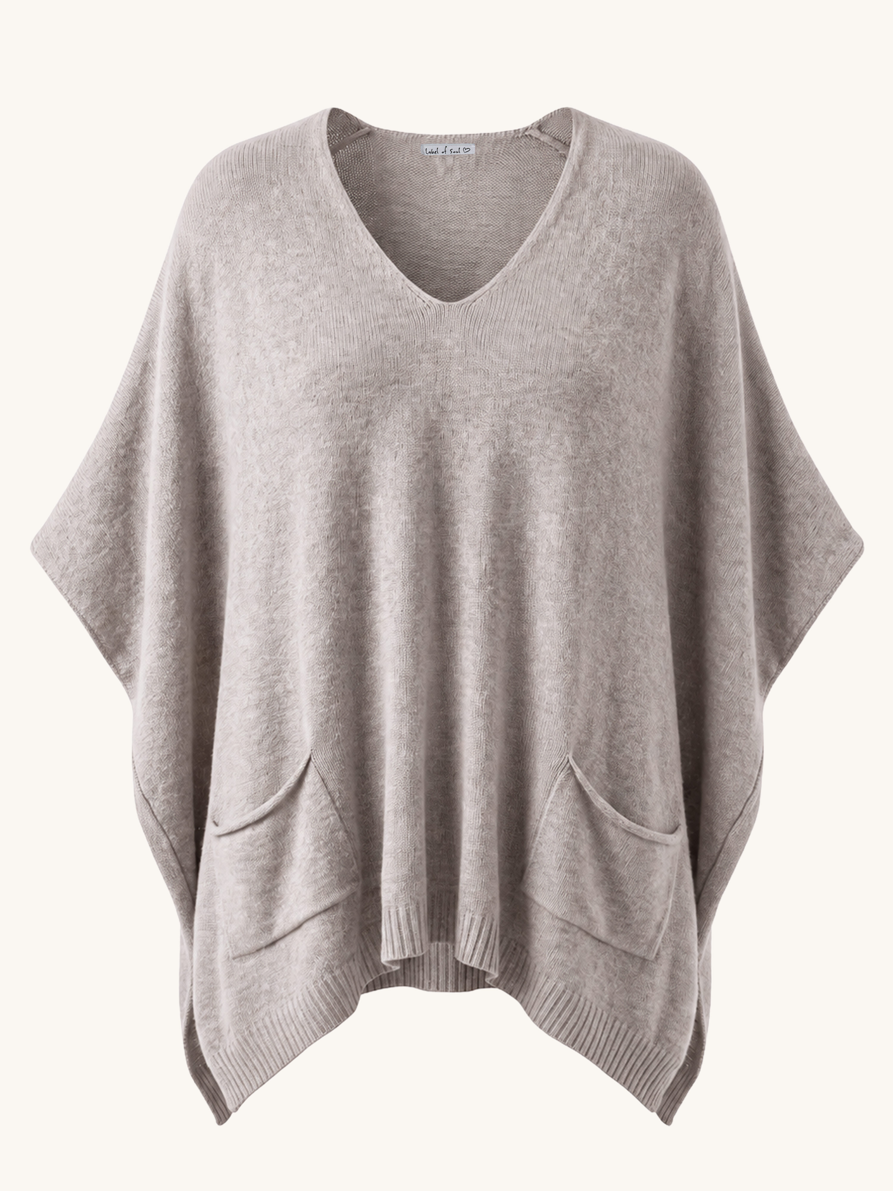 Oversize Viskose Strick Poncho mit V-Ausschnitt - Taupe