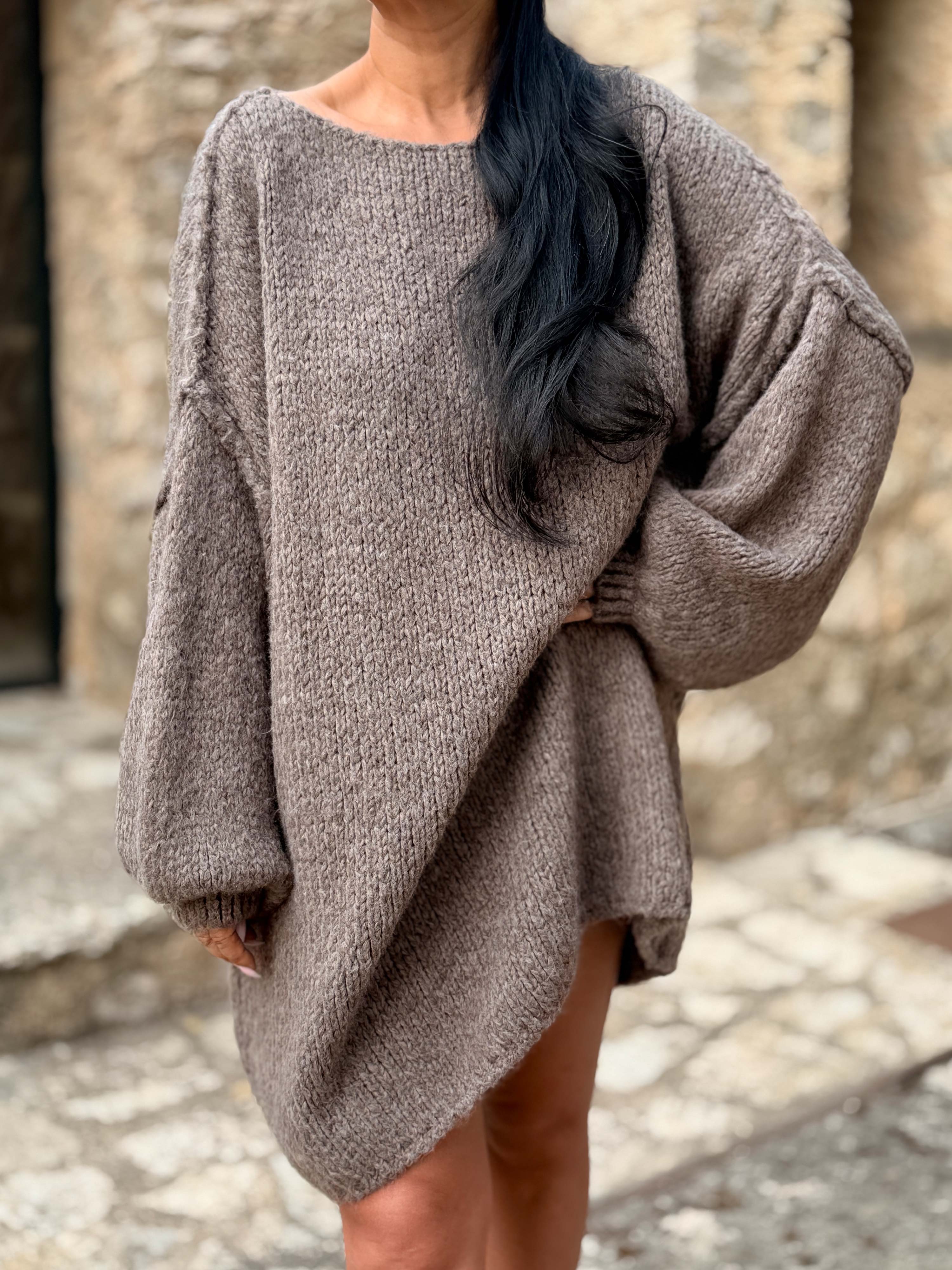 Oversize Long Strickpullover - FLAUSCHI - Taupe