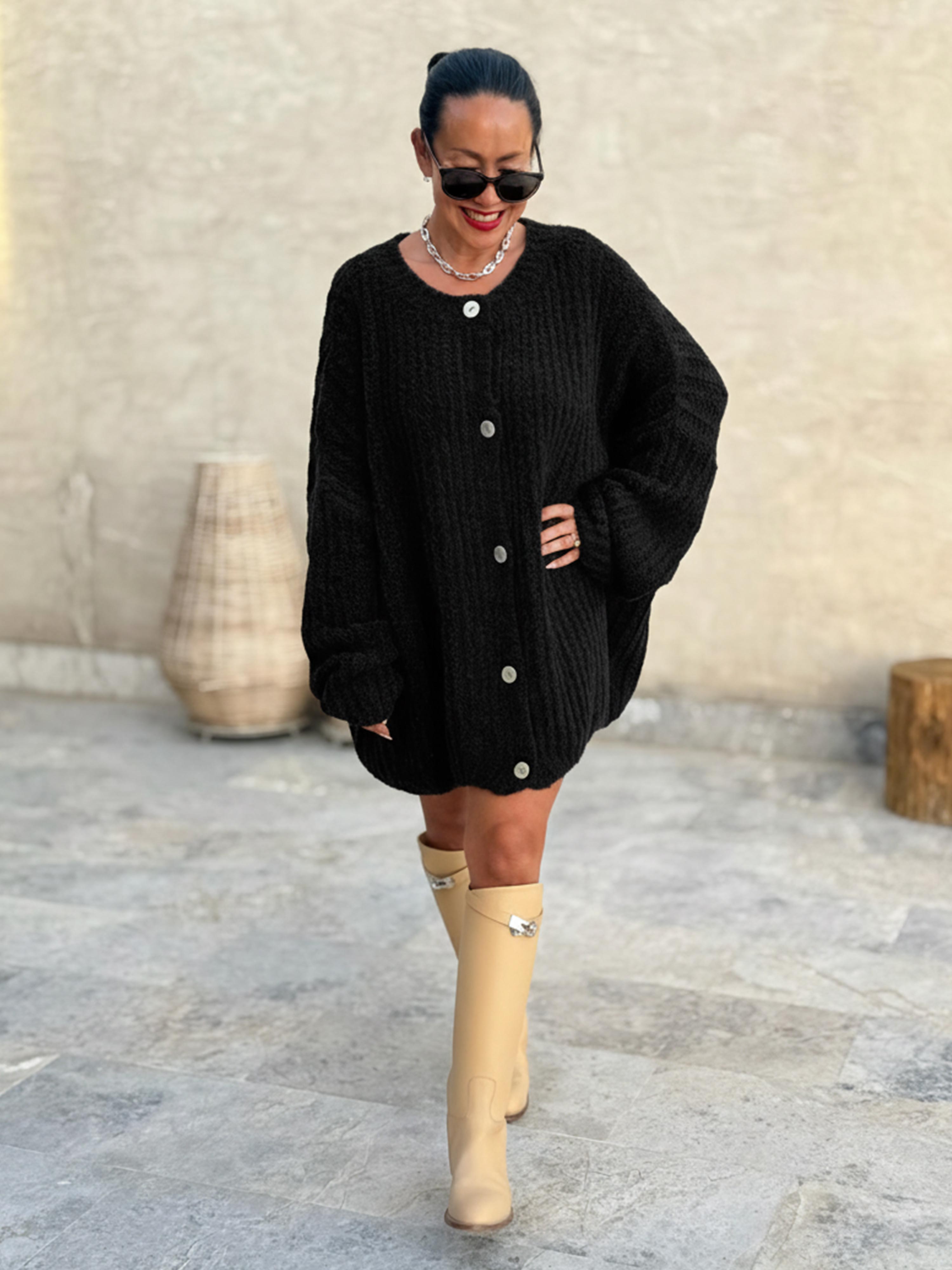 Oversize Bouclé Grob Strickjacke - Schwarz