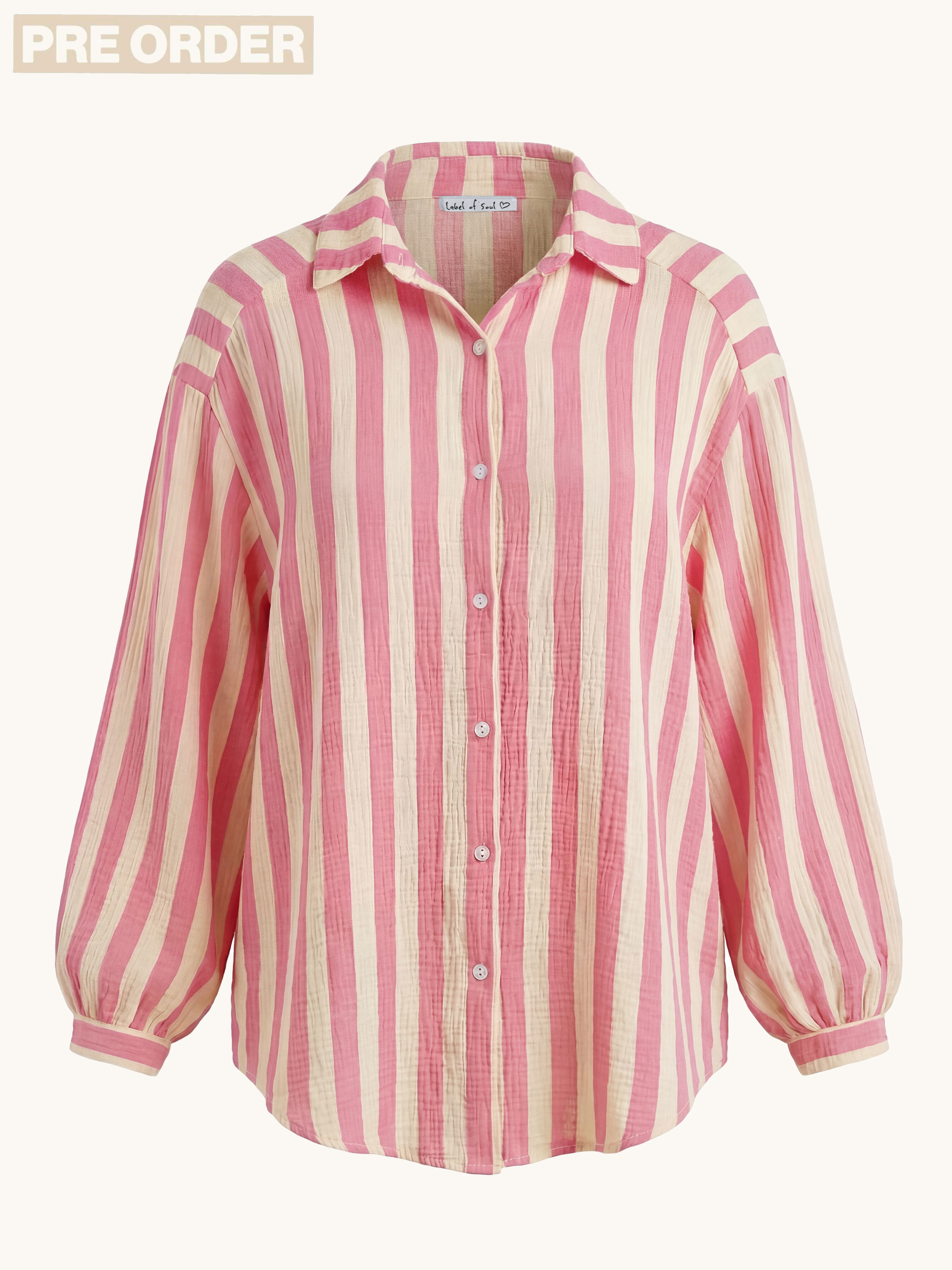PRE-ORDER: Musselin Midi Oversize Bluse - BIG STRIPES - Rosa/Butter