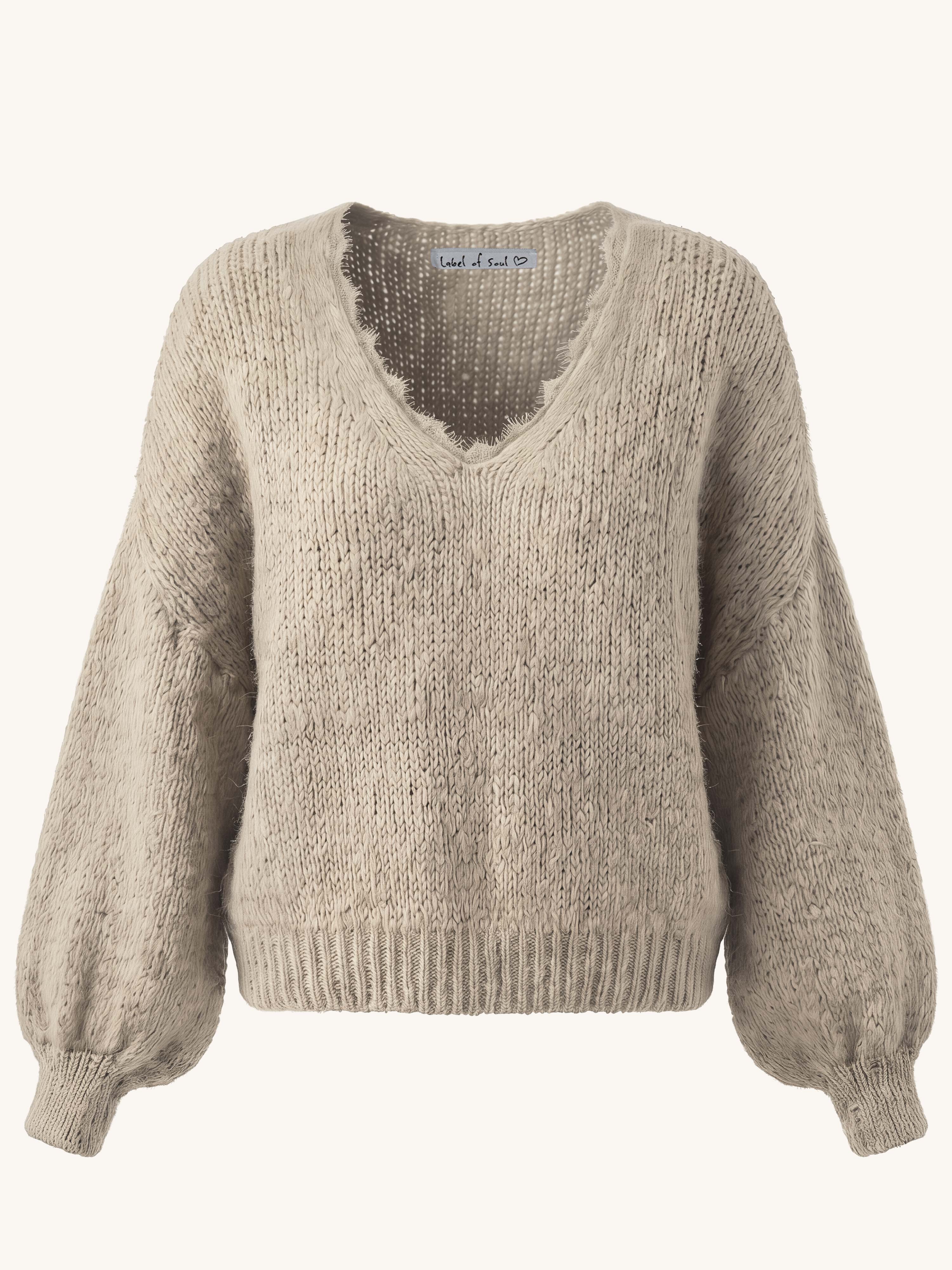 Oversize Strickpullover V-Ausschnitt mit Spitze - FLAUSCHI - Beige