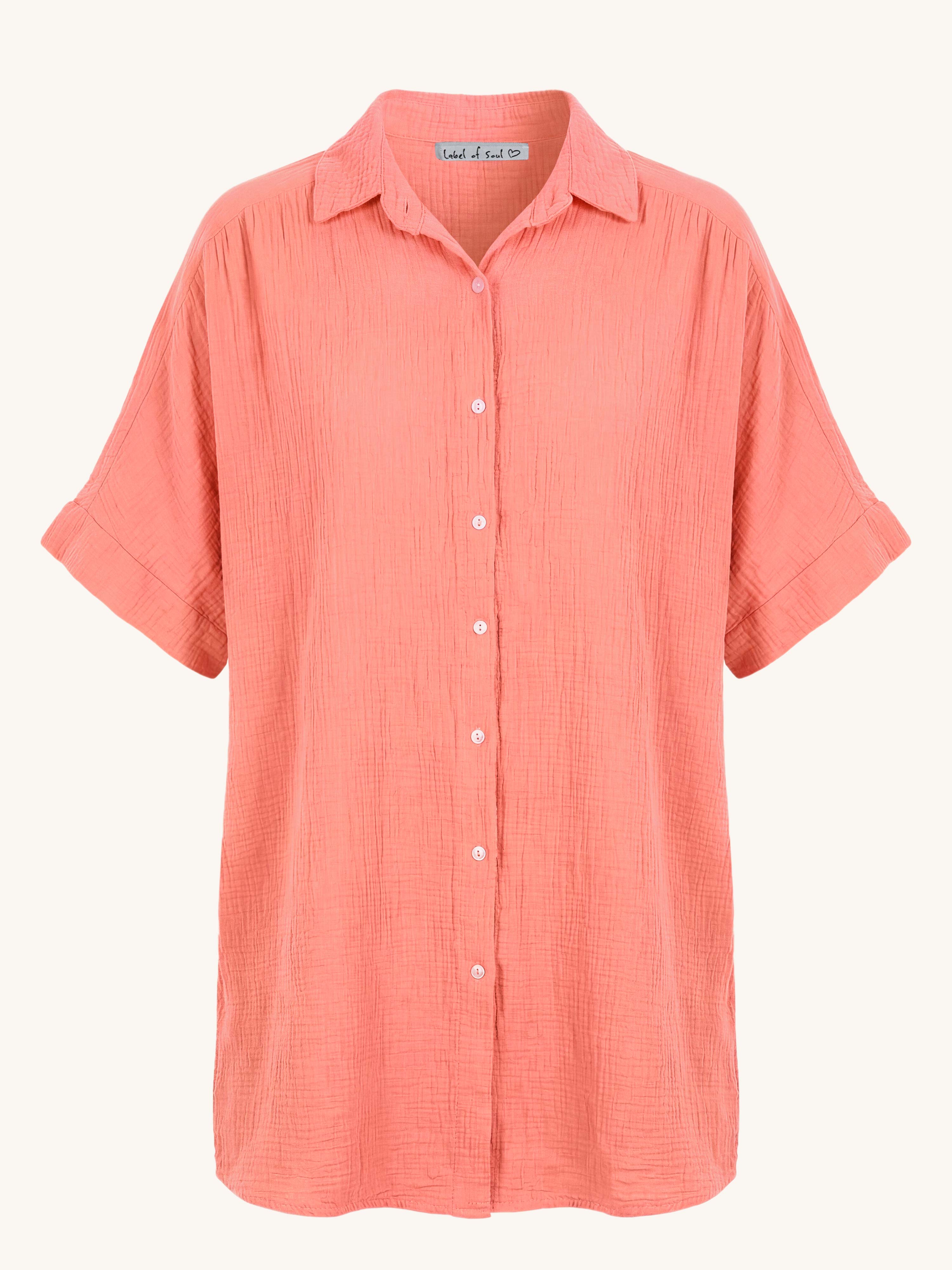 Musselin Oversize Kurzarm Bluse Long - Flamingo