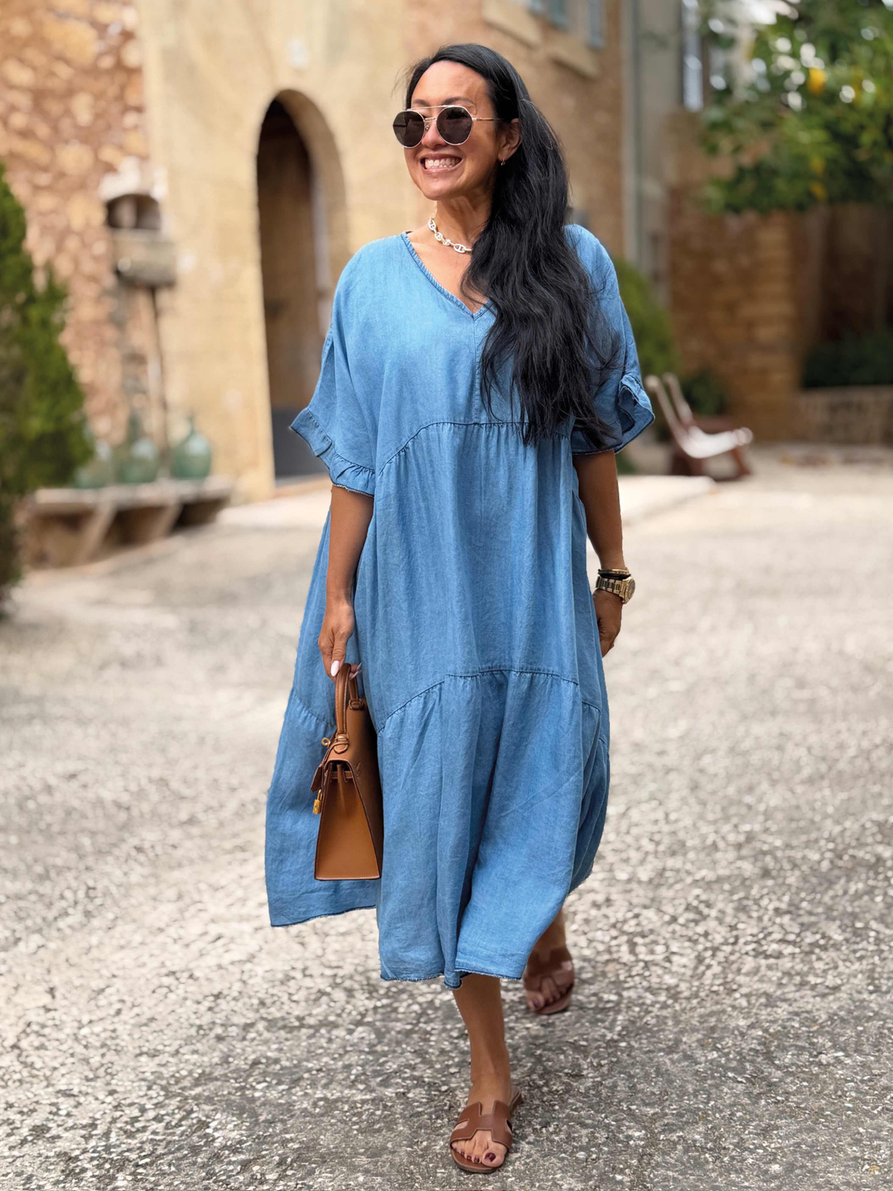 Leichte Lyocell Tunika Long mit V-Ausschnitt - Blue