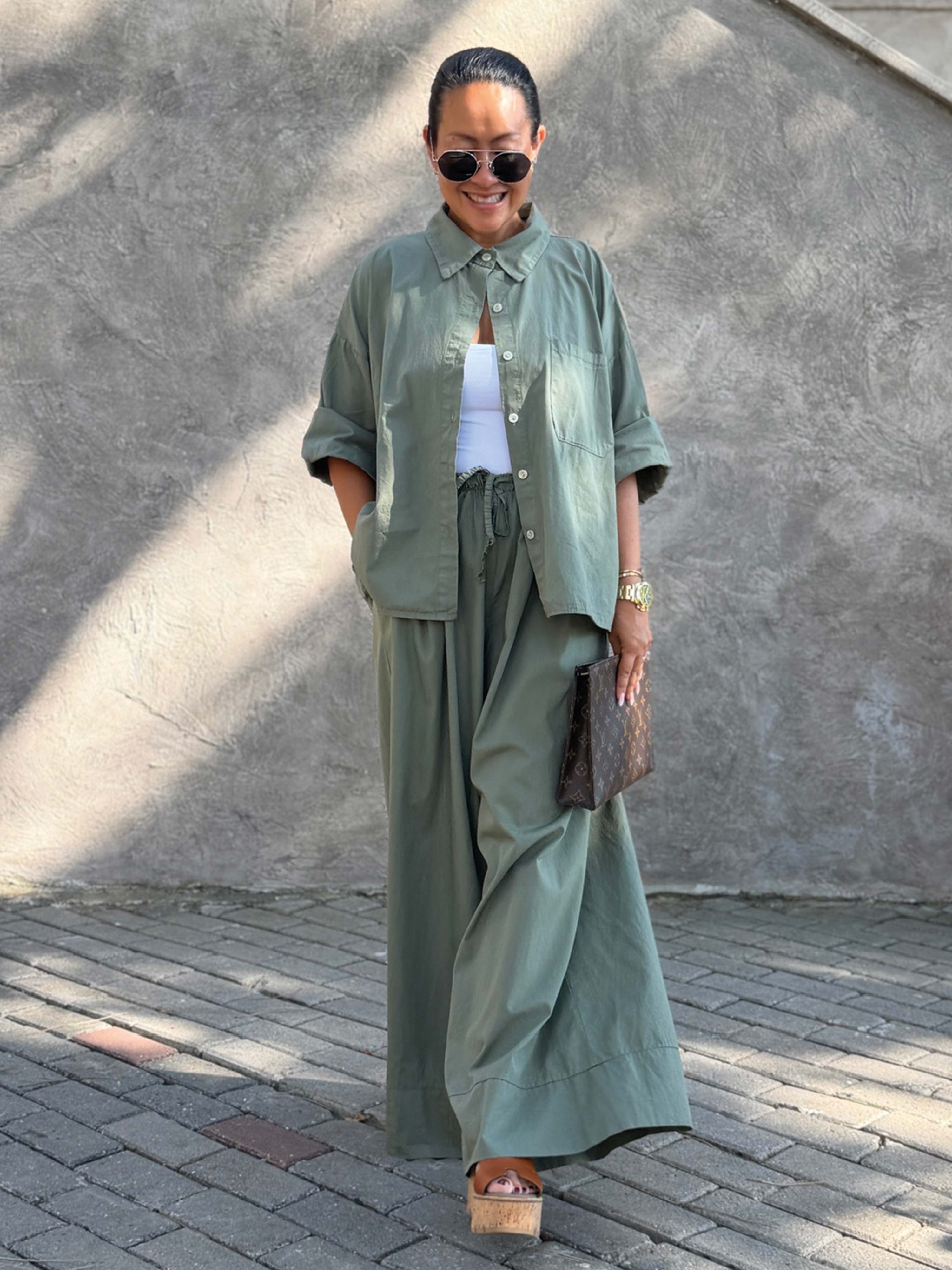 Basic Oversize Cotton Palazzo Hose - Matcha