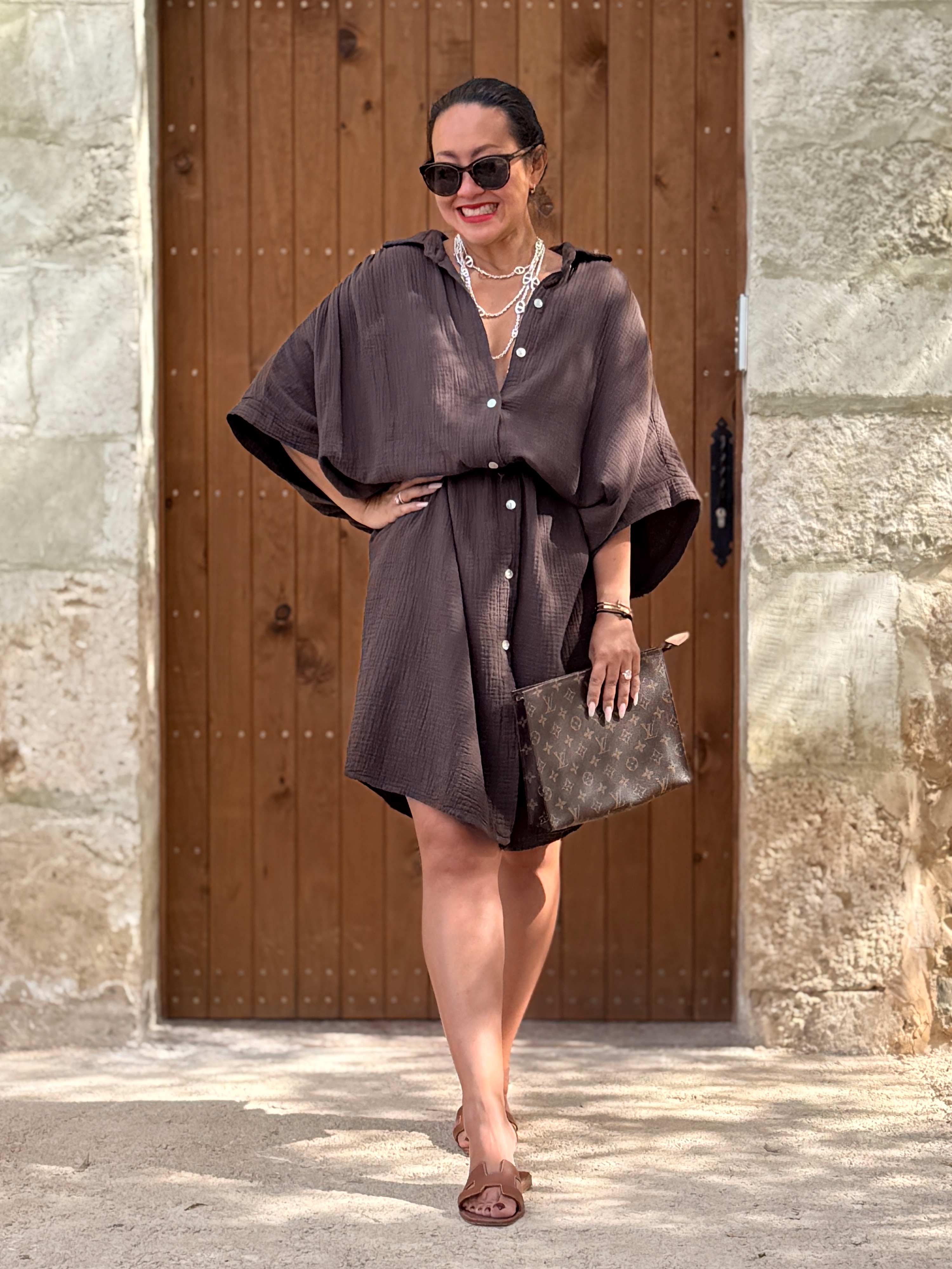 Musselin Oversize Kurzarm Blusenkleid - LANA - Schoko