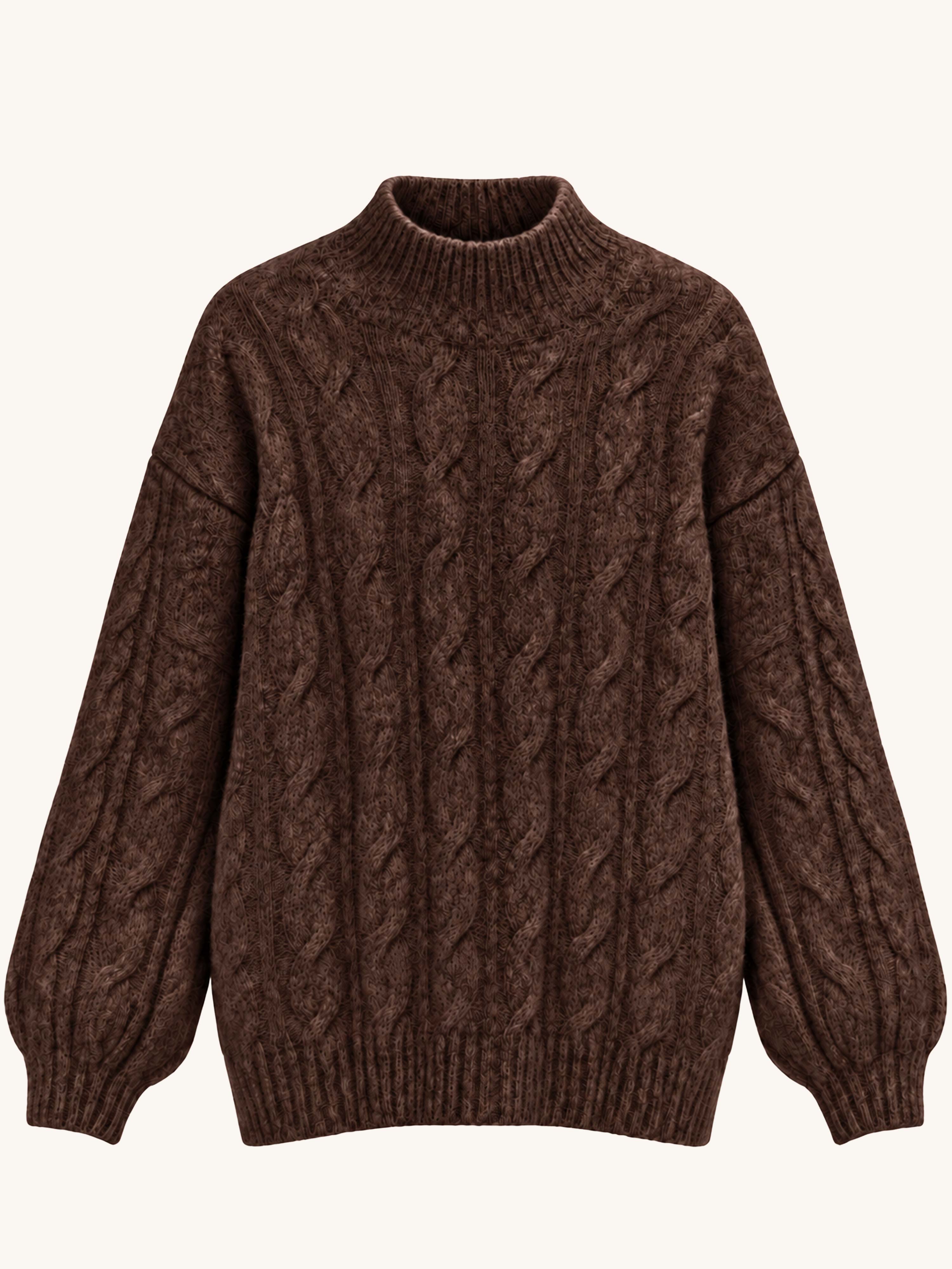 Soft Alpaka Zopf-Strickpullover mit Stehkragen - Schoko