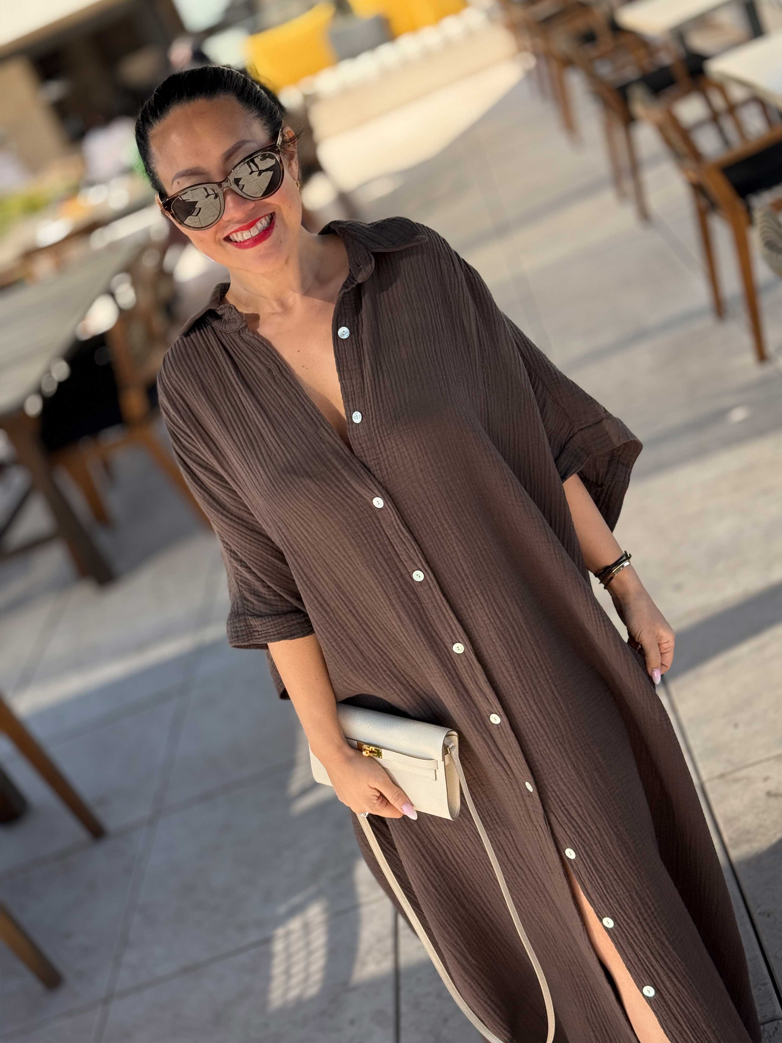 Musselin Oversize Kurzarm Blusenkleid - CAPRI - Schoko