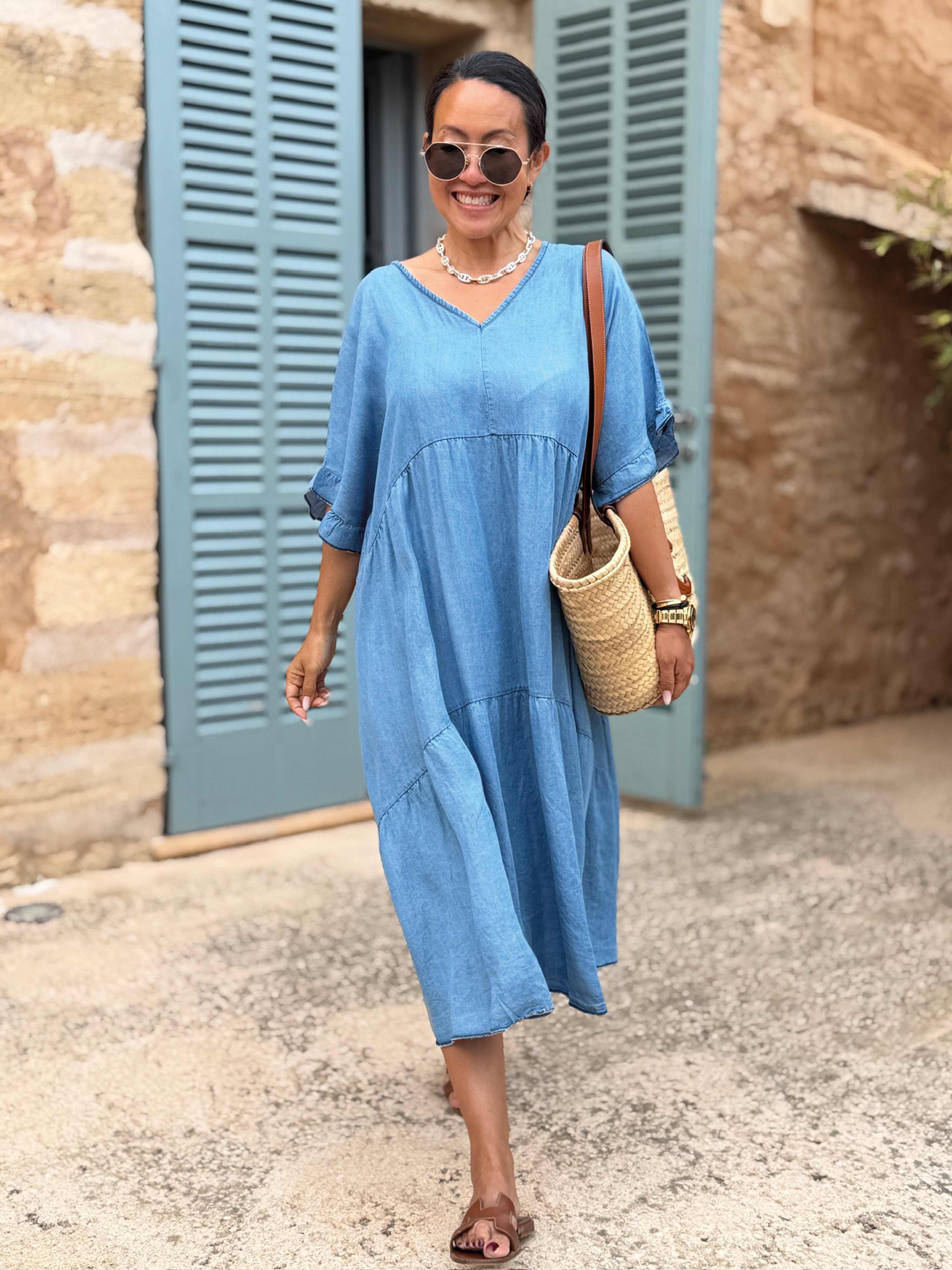 Leichte Lyocell Tunika Long mit V-Ausschnitt - Blue