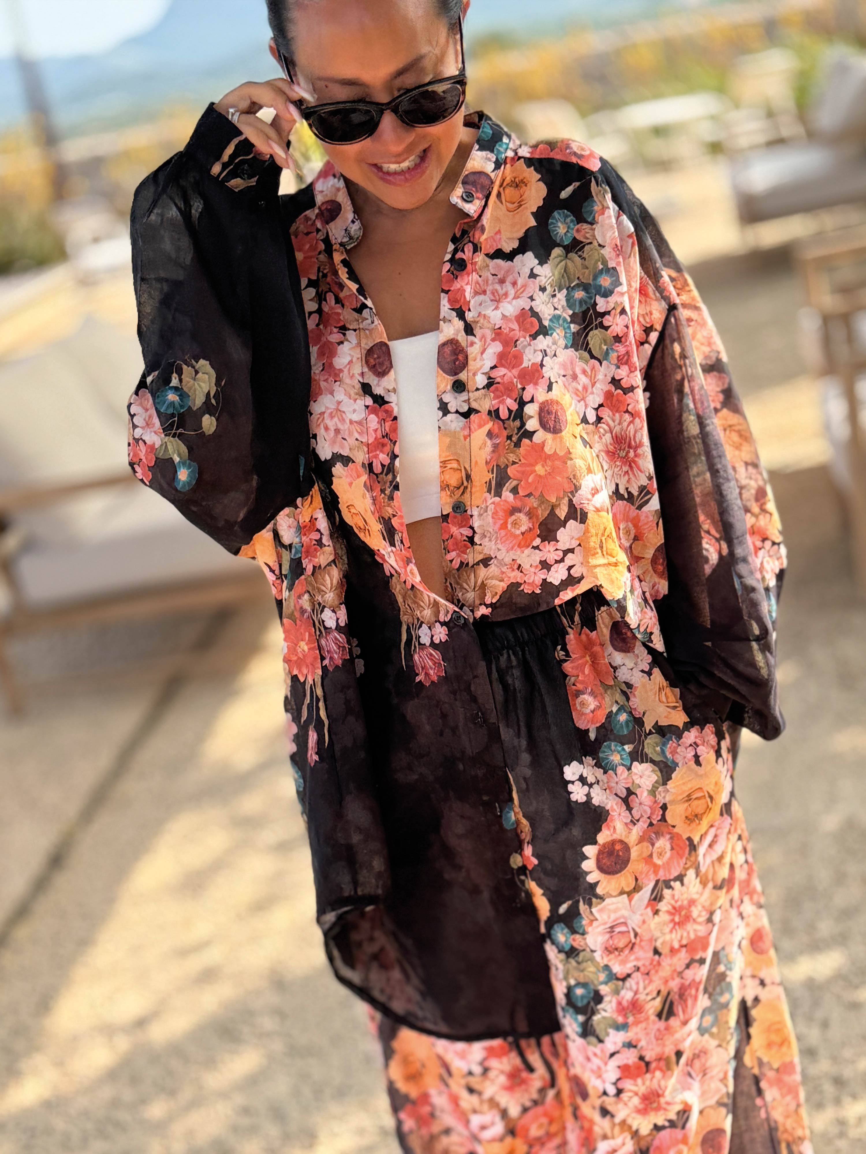 Cotton Oversize Long Bluse - MILLE FLEURS - Schwarz