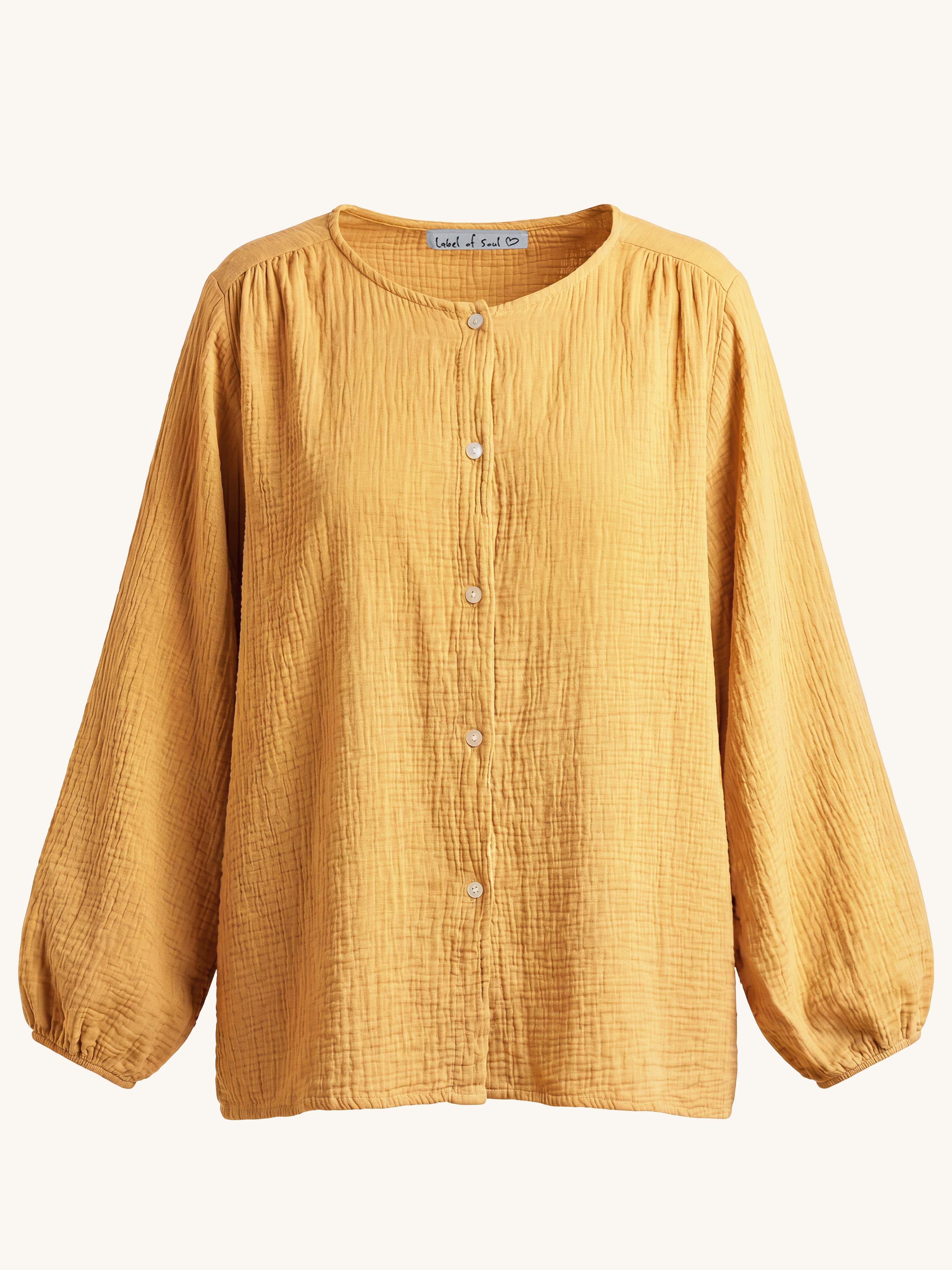 Musselin Oversize Bluse mit Rundhalsausschnitt - Senf