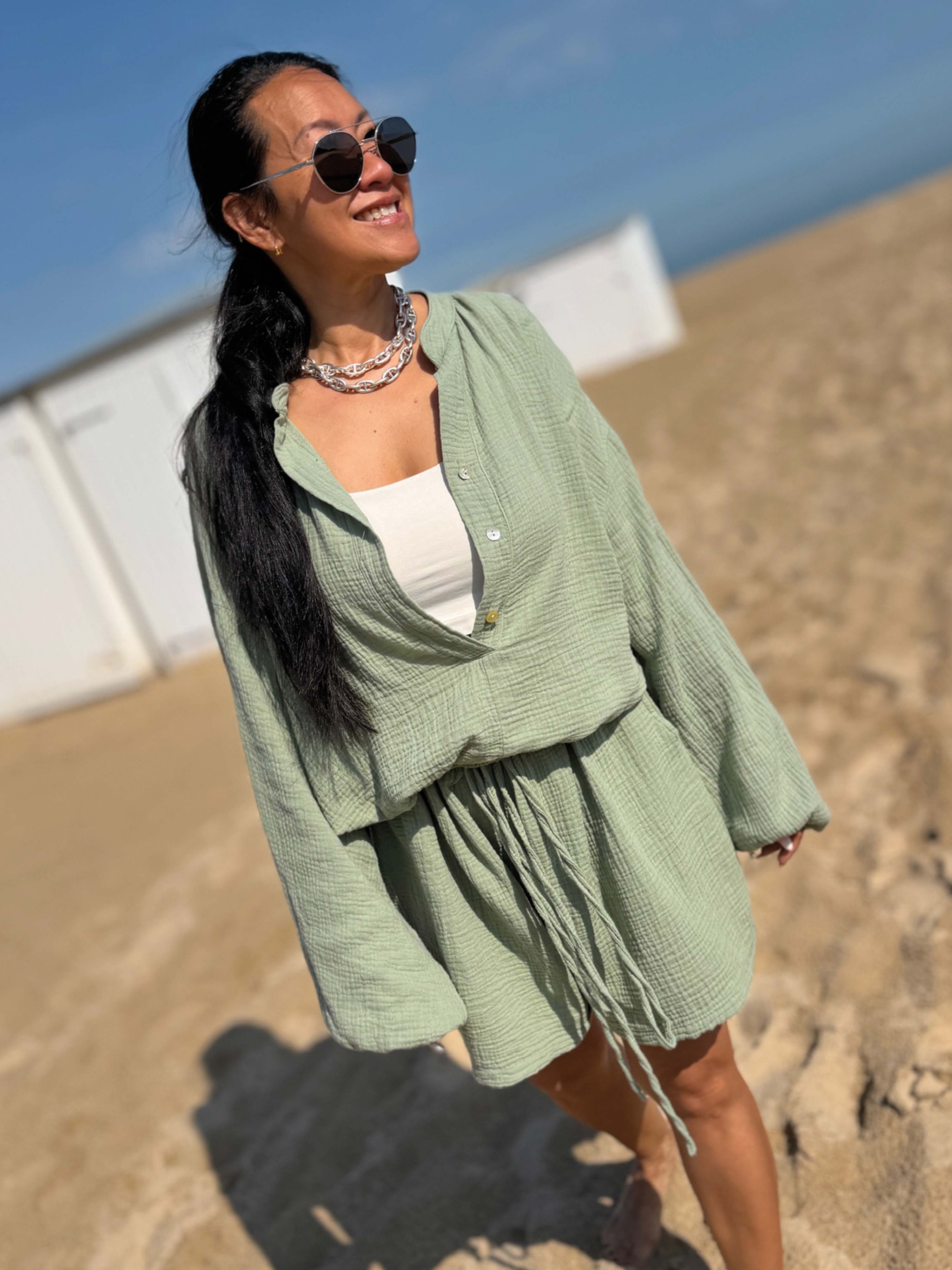 Musselin Vokuhila Oversize Bluse - Matcha