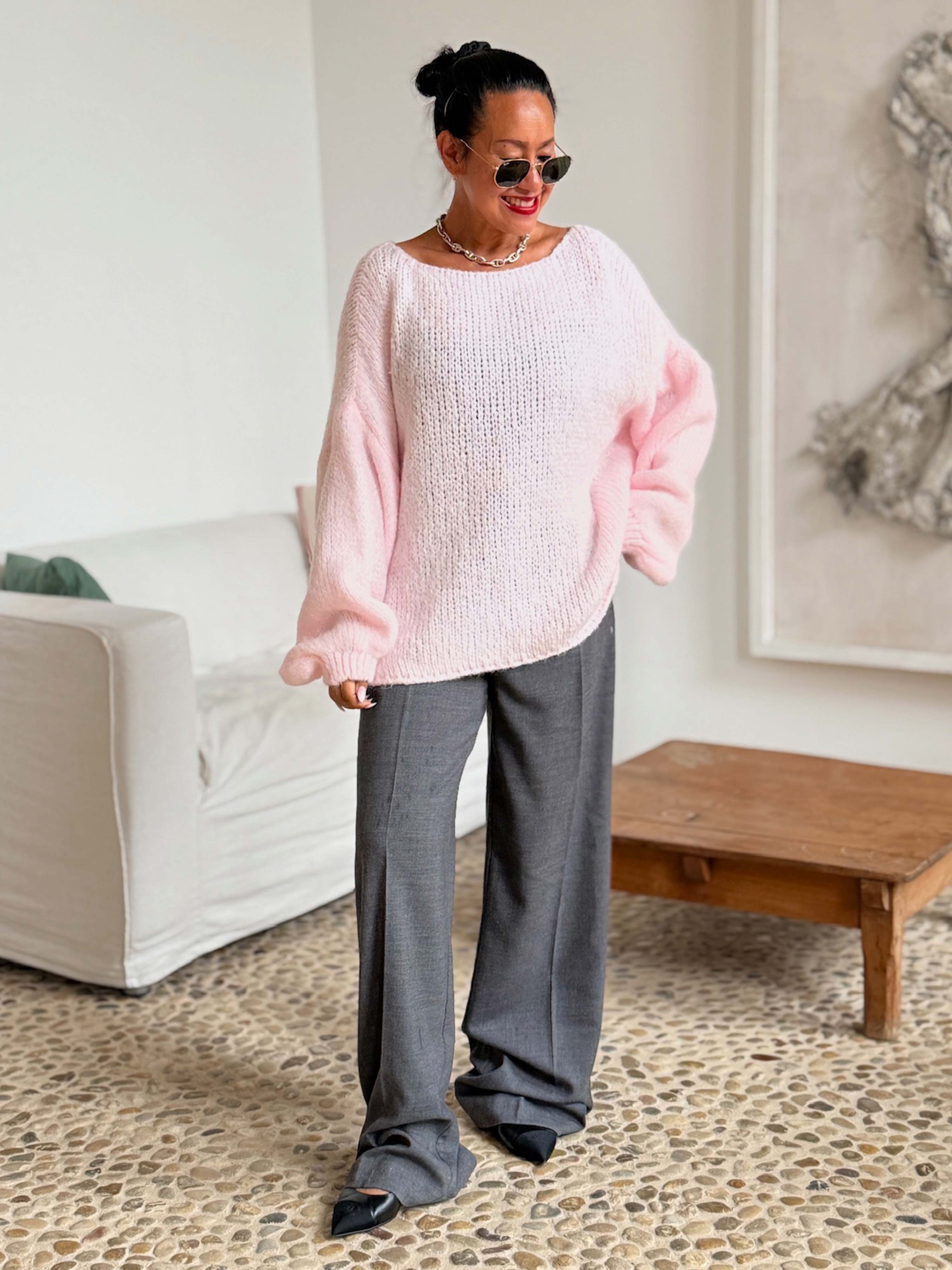 Oversize Cropped Strickpullover - FLAUSCHI - Rosa