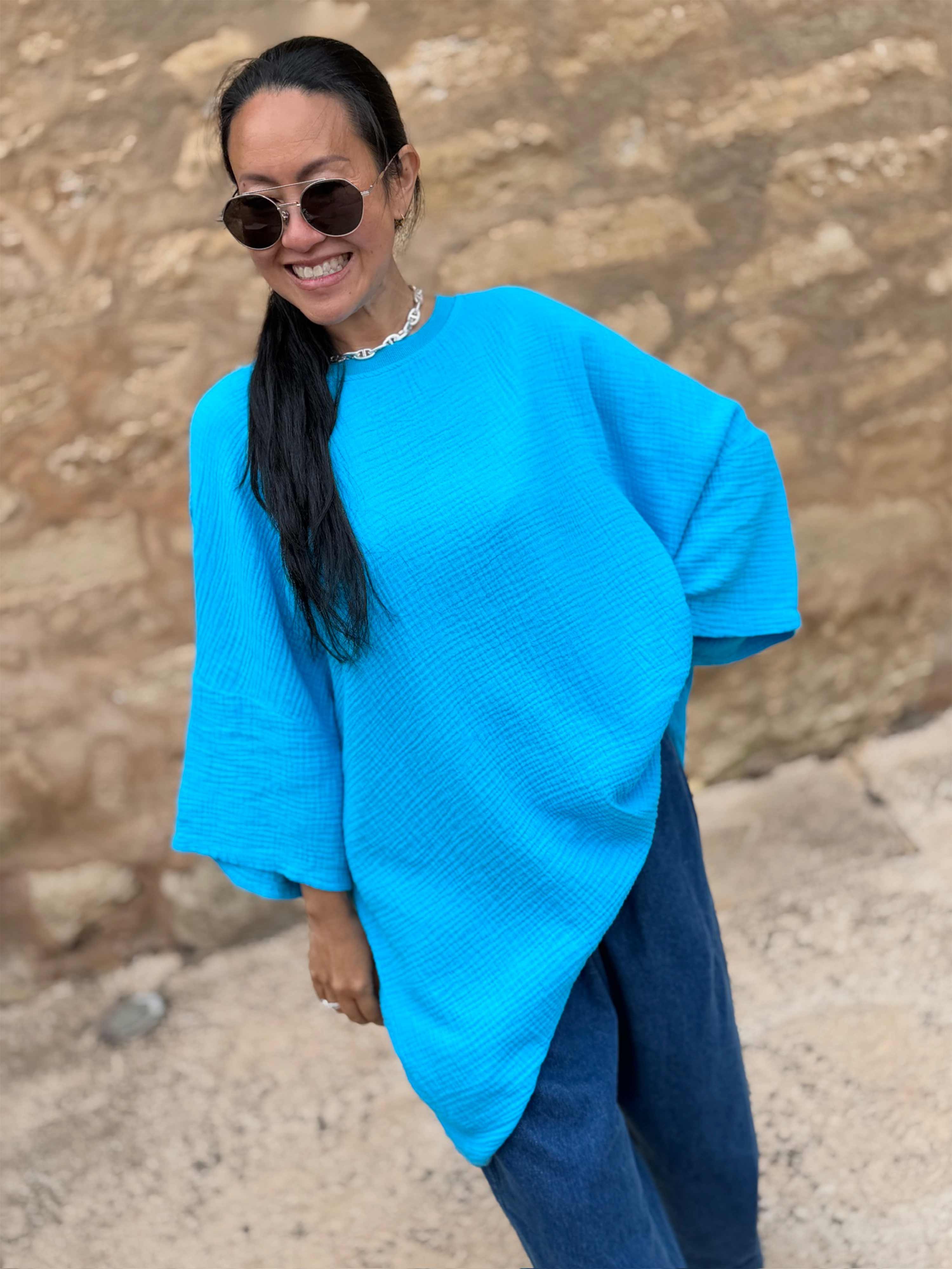 Musselin Oversize Kurzarm Shirt - Türkis