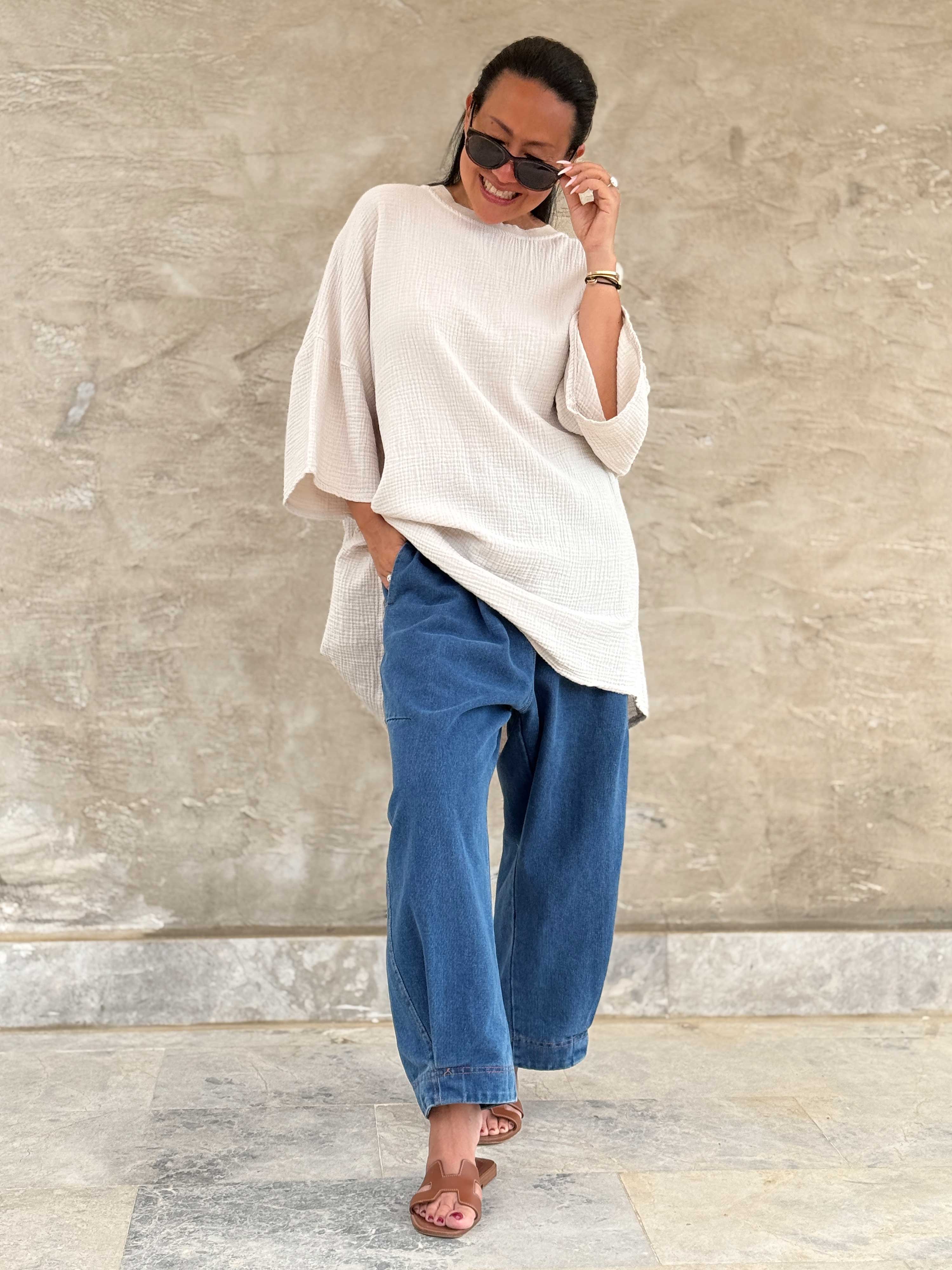 Musselin Oversize Kurzarm Shirt - Beige