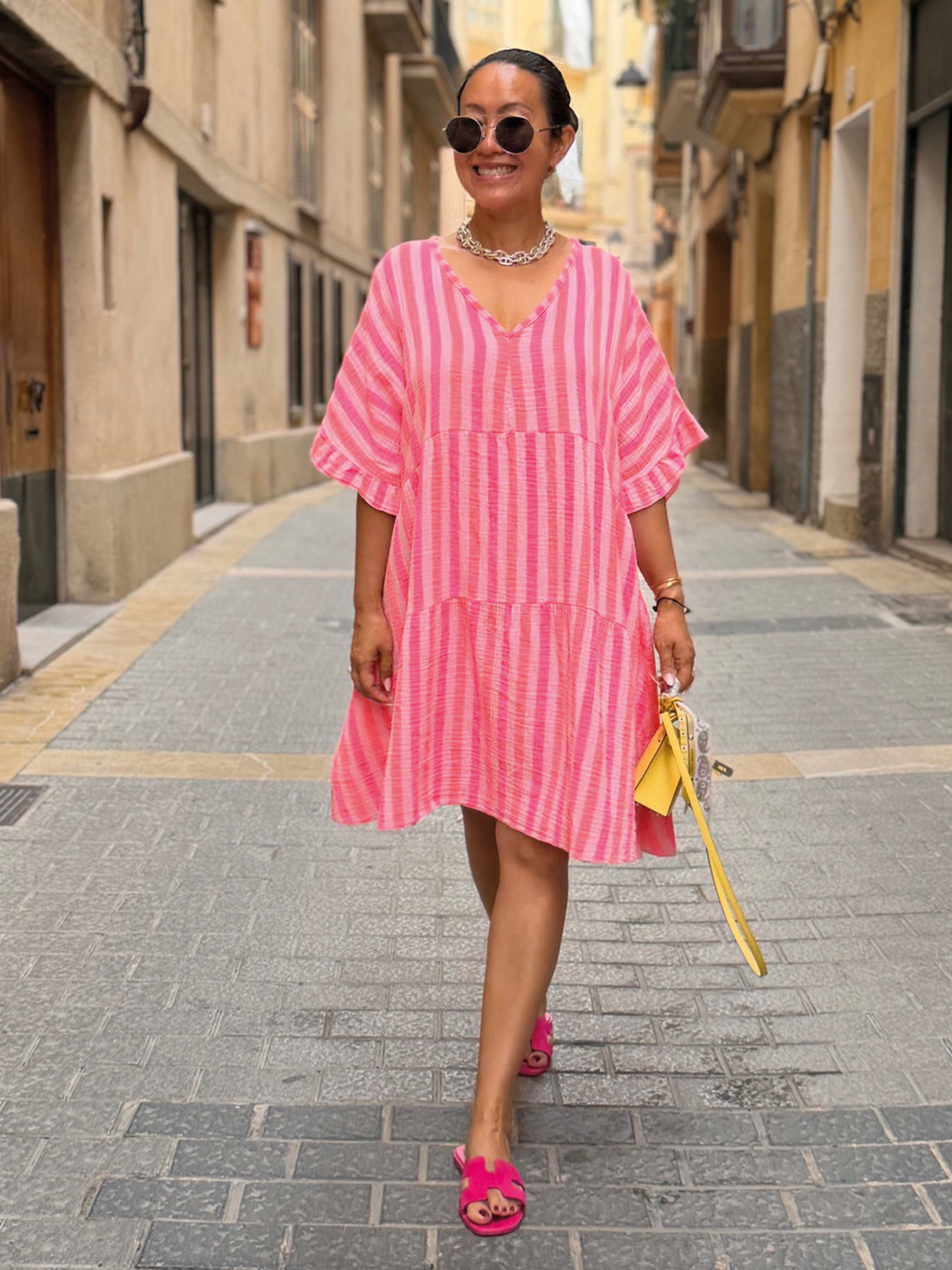 Musselin Tunika Midi mit V-Ausschnitt - STRIPES Candy