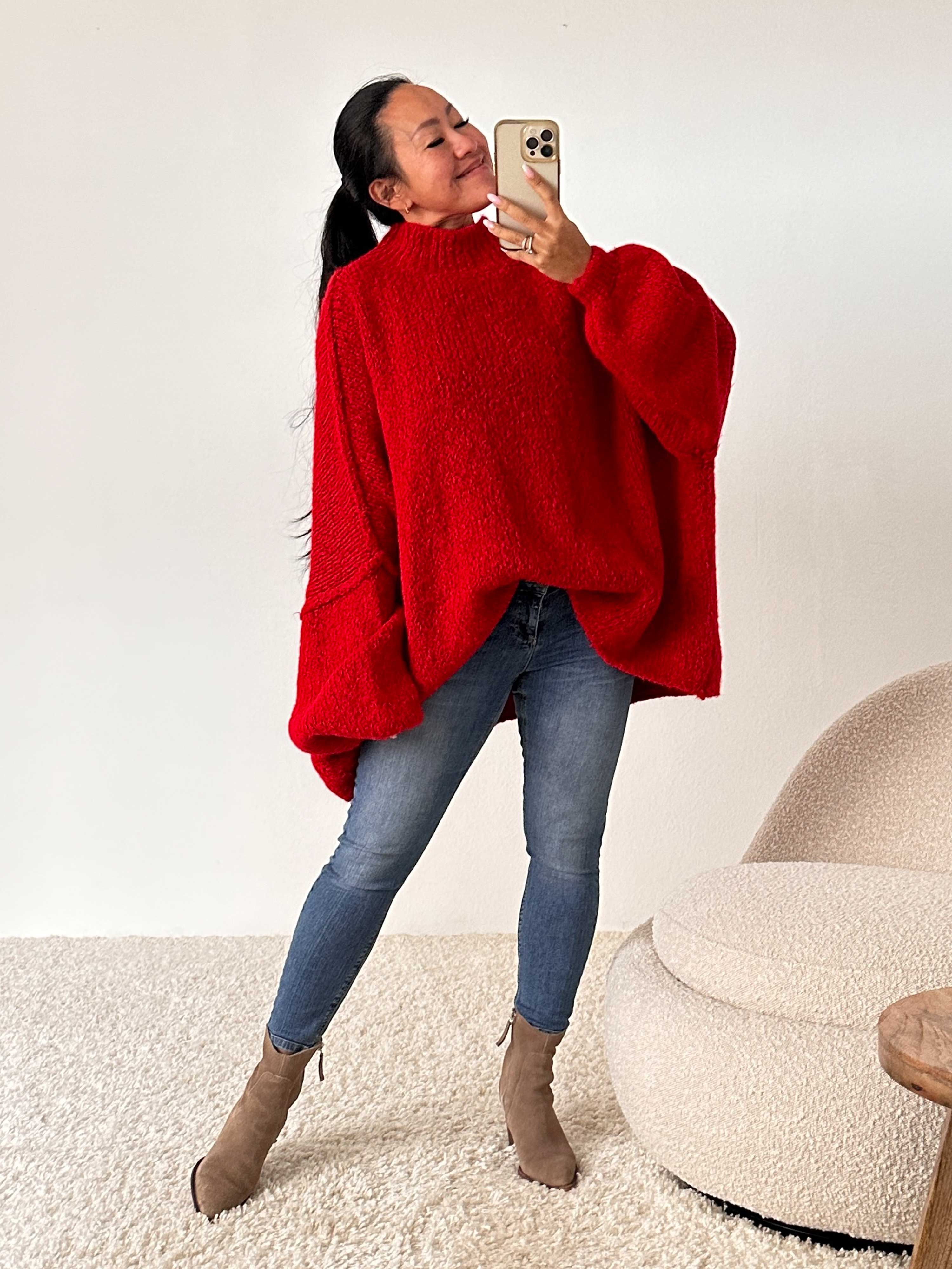 Oversize Strickpullover mit Stehkragen - FLAUSCHI - Rot