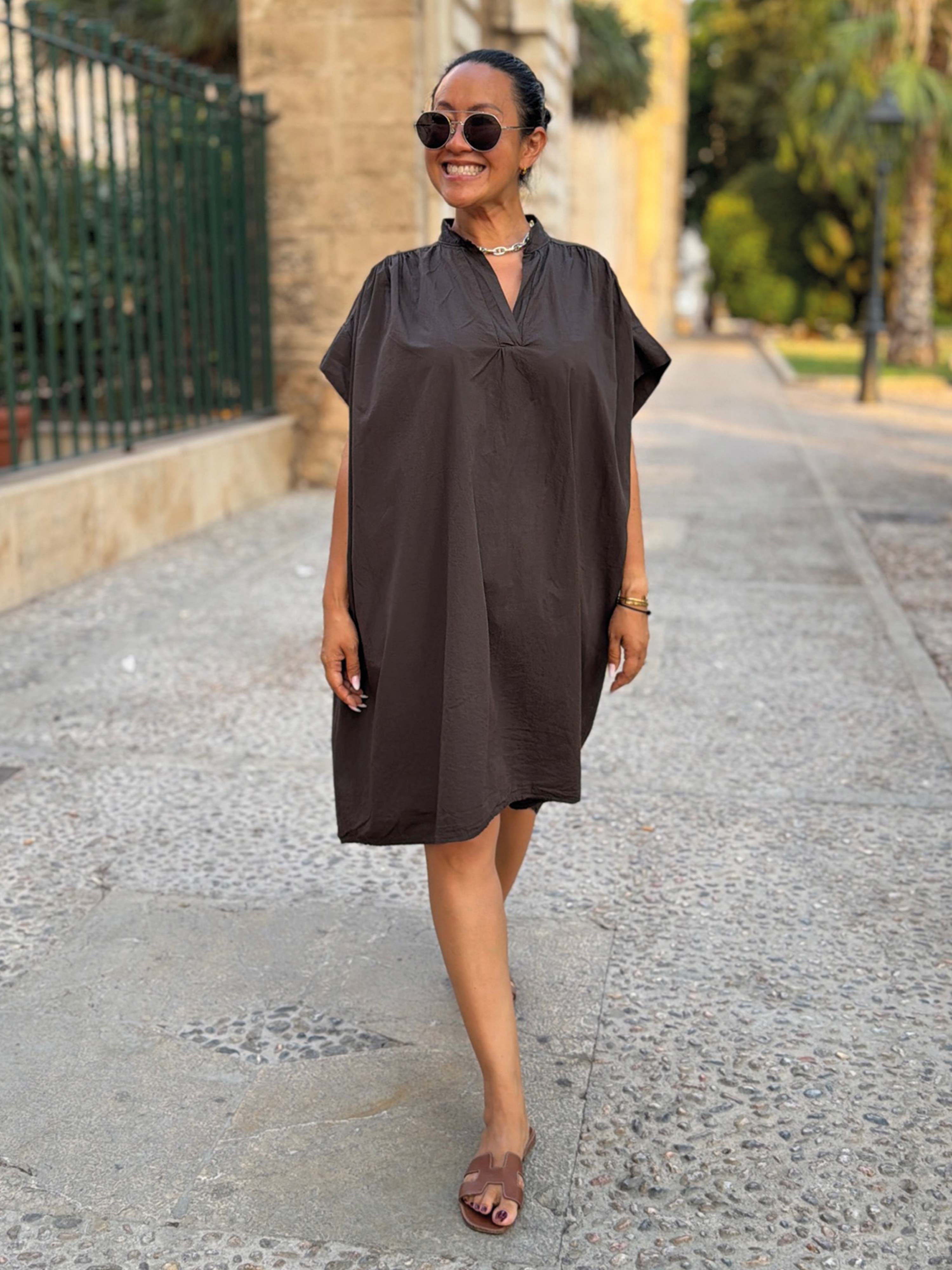 Cotton Vokuhila Oversize Tunika Midi mit Taschen - Schoko