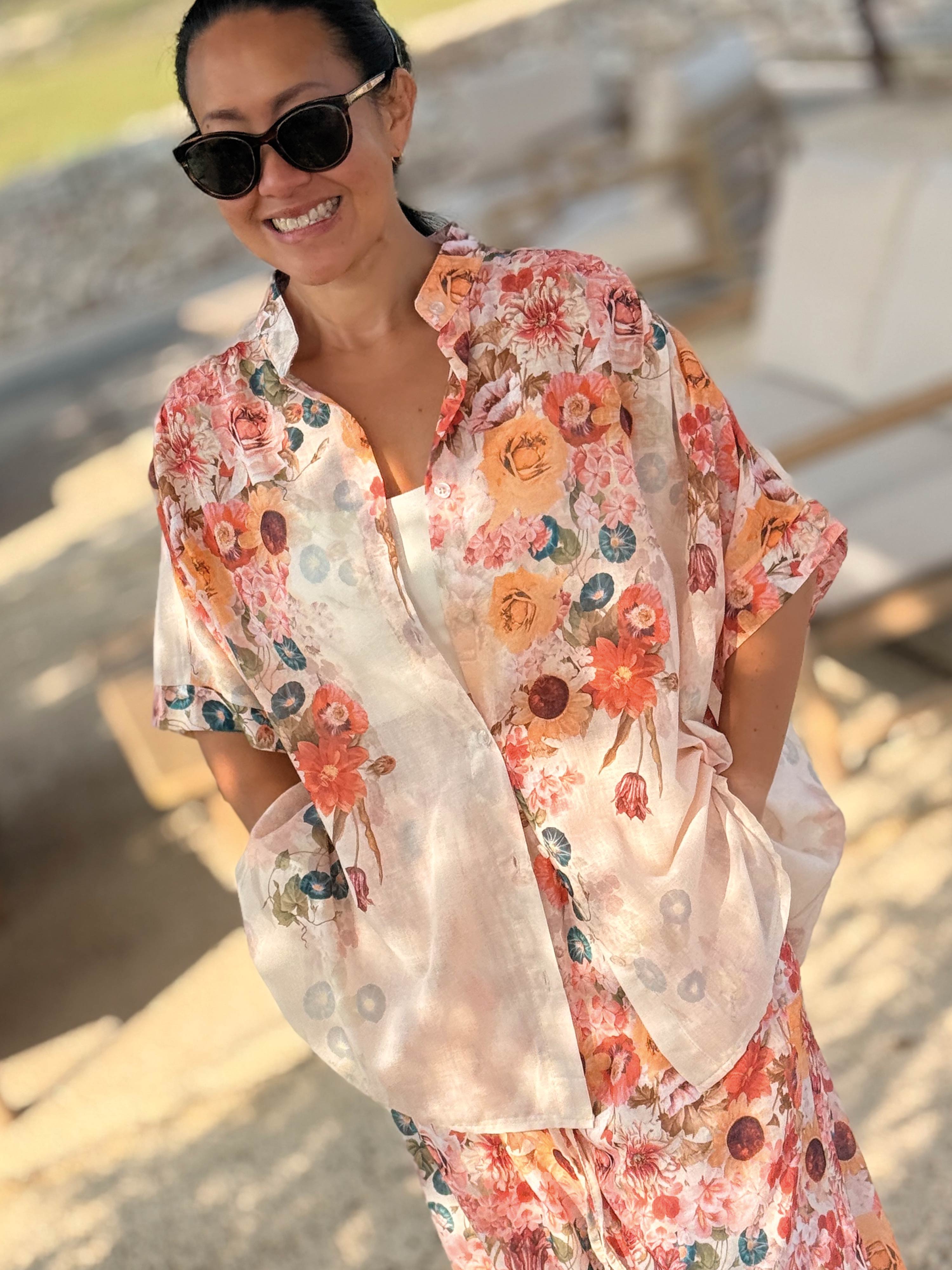 Cotton Oversize Kurzarm Bluse Midi - MILLE FLEURS - Creme Cotton Oversize Kurzarm Bluse Midi - MILLE FLEURS - Creme