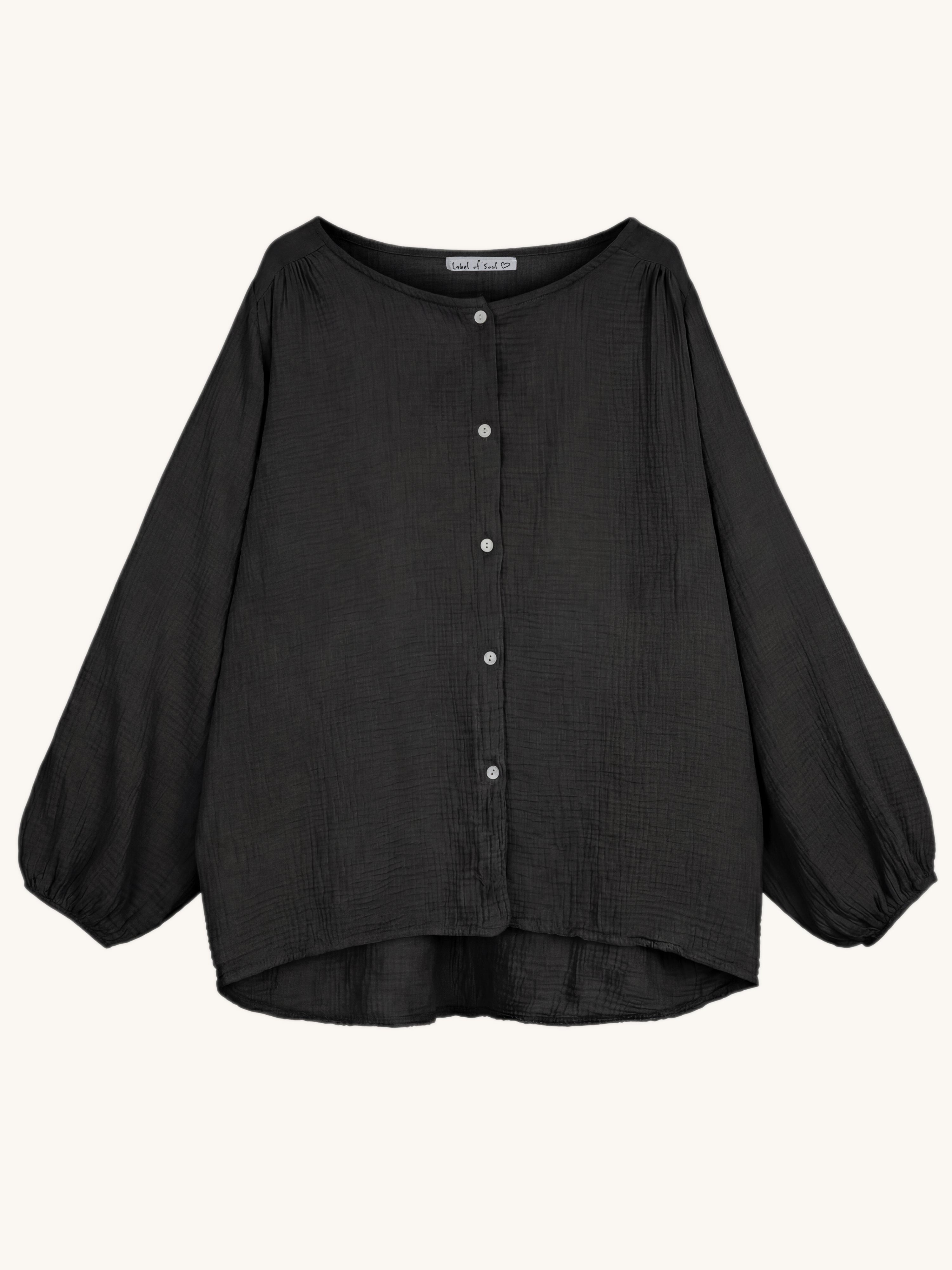 Musselin Oversize Bluse mit Rundhalsausschnitt - Schwarz