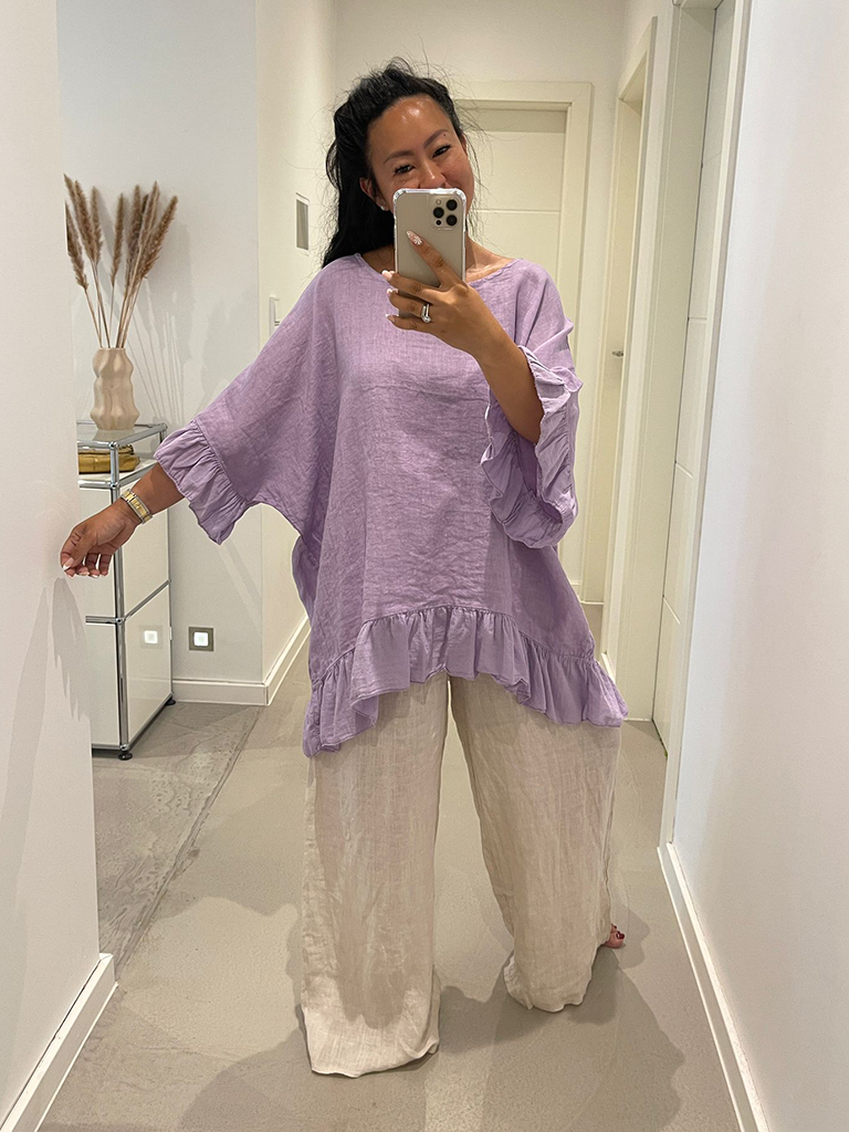 11015-Flieder-2 Leinen Oversize Bluse mit Volant - Flieder