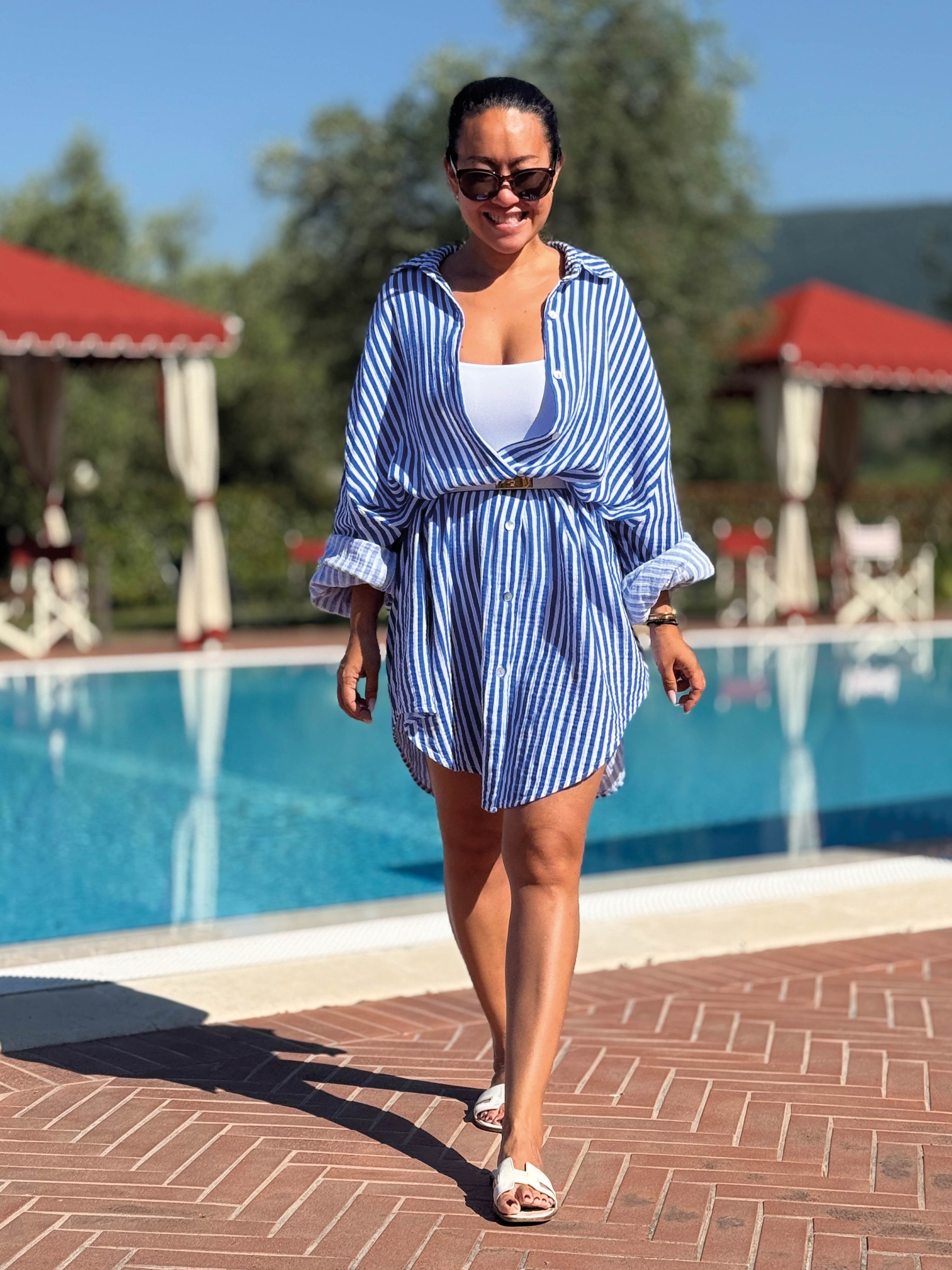 Musselin Long Oversize Bluse - SUMMER BREEZE - Stripes Royalblau