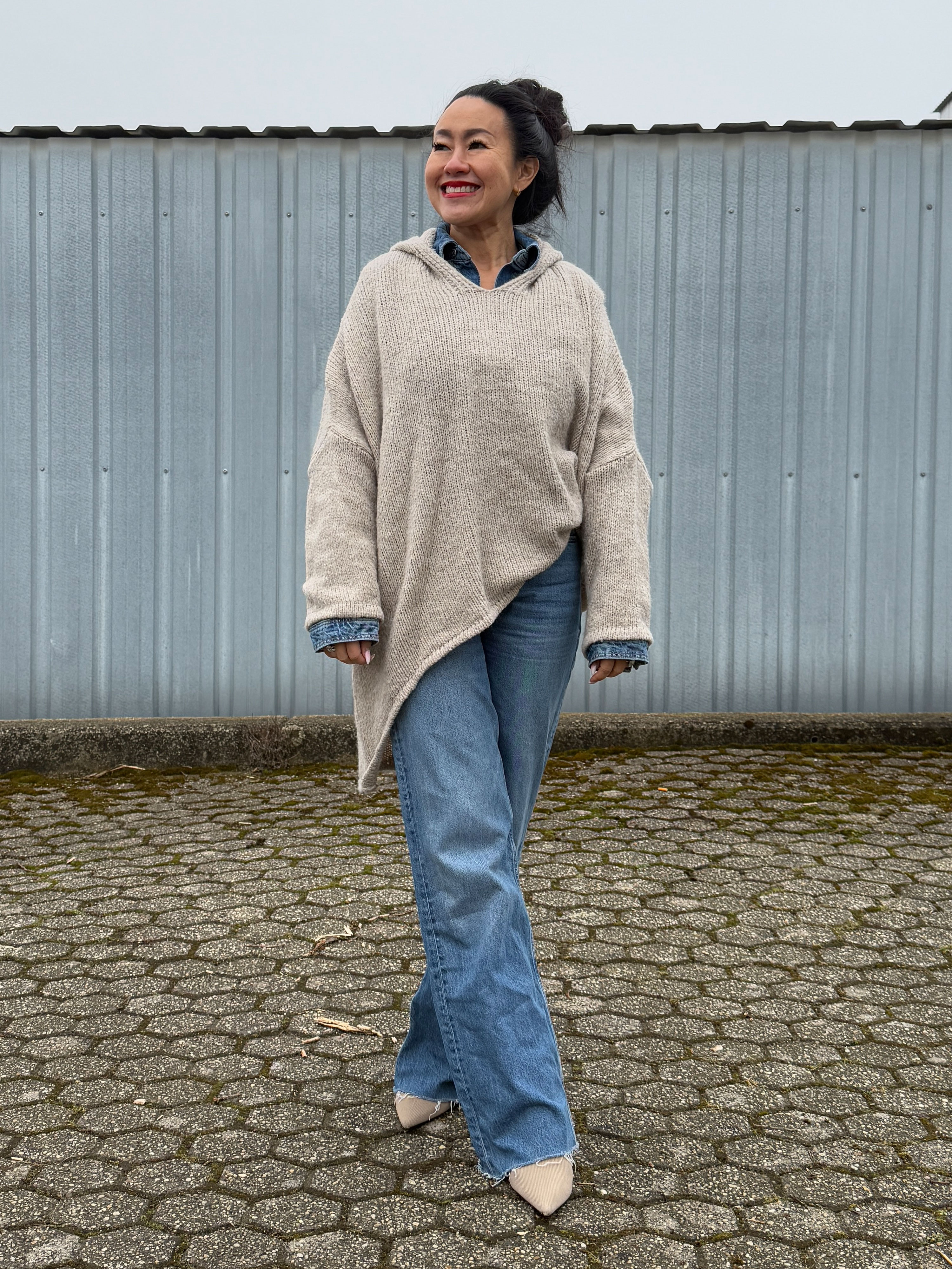 Oversize Vokuhila Hoodie Strickpullover - Beige Oversize Vokuhila Hoodie Strickpullover - Beige