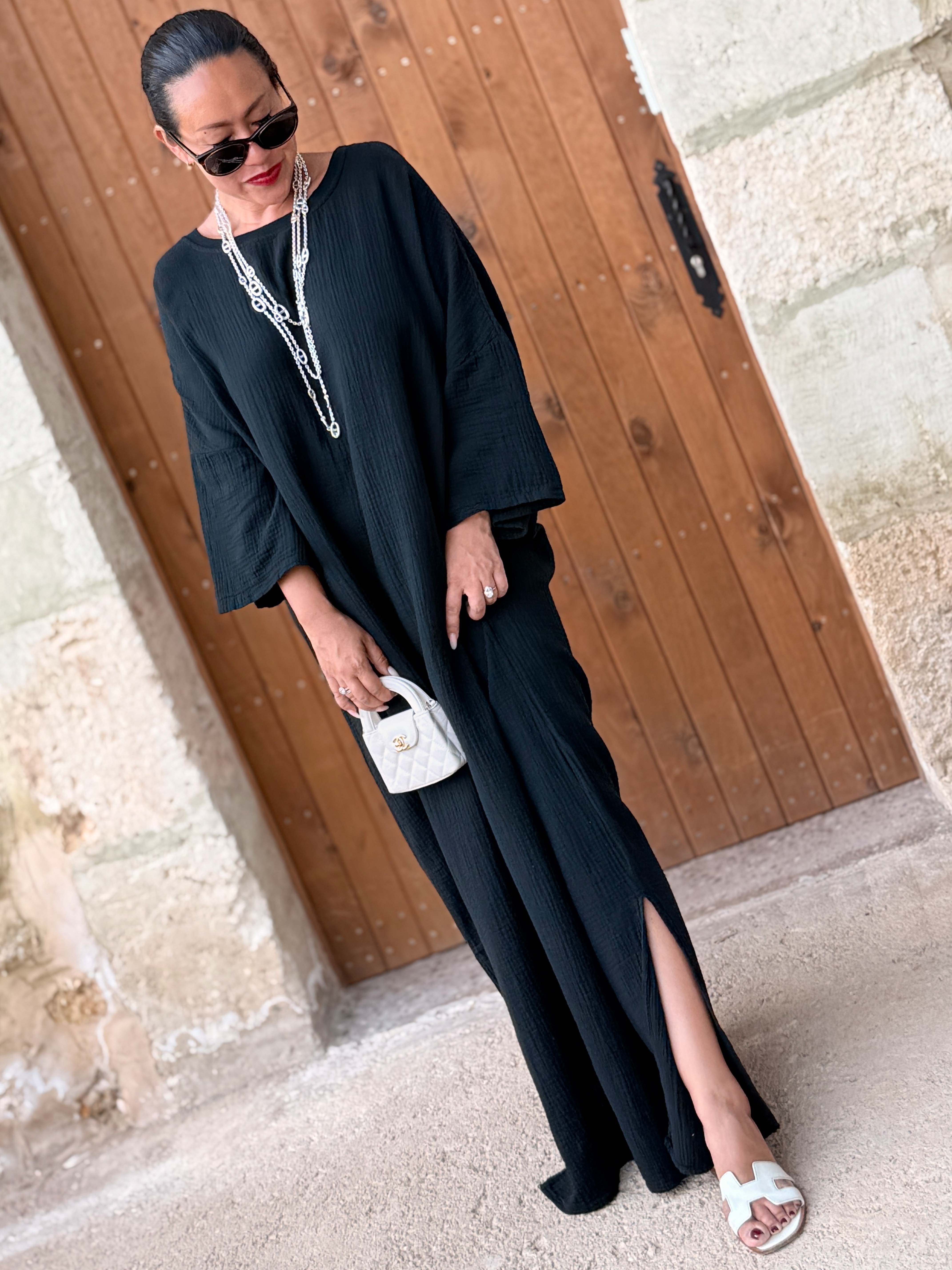 Musselin Oversize Kurzarm Sweatkleid - Schwarz Musselin Oversize Kurzarm Sweatkleid - Schwarz