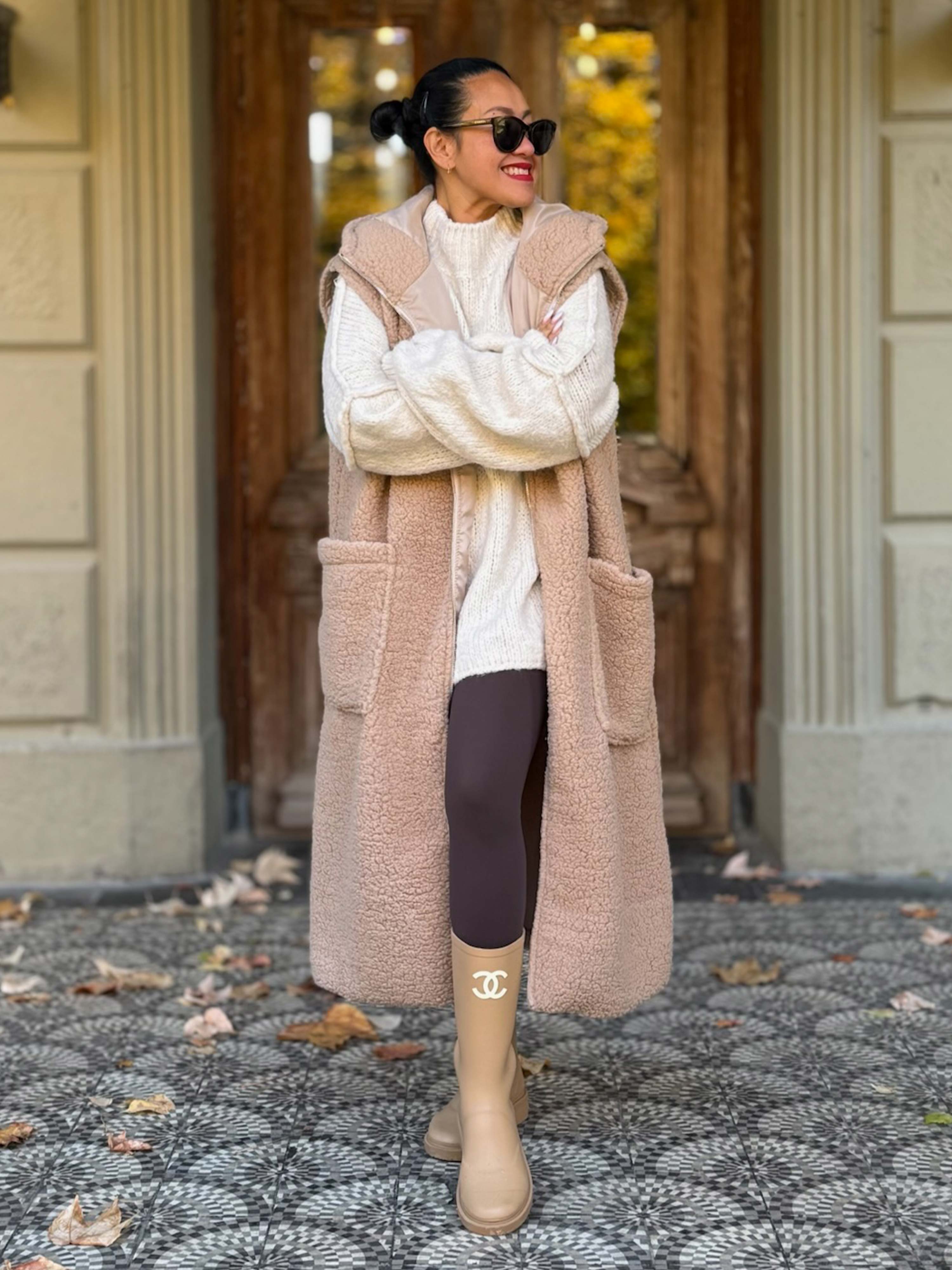 Teddylook Long Weste mit Kapuze - Oatmeal