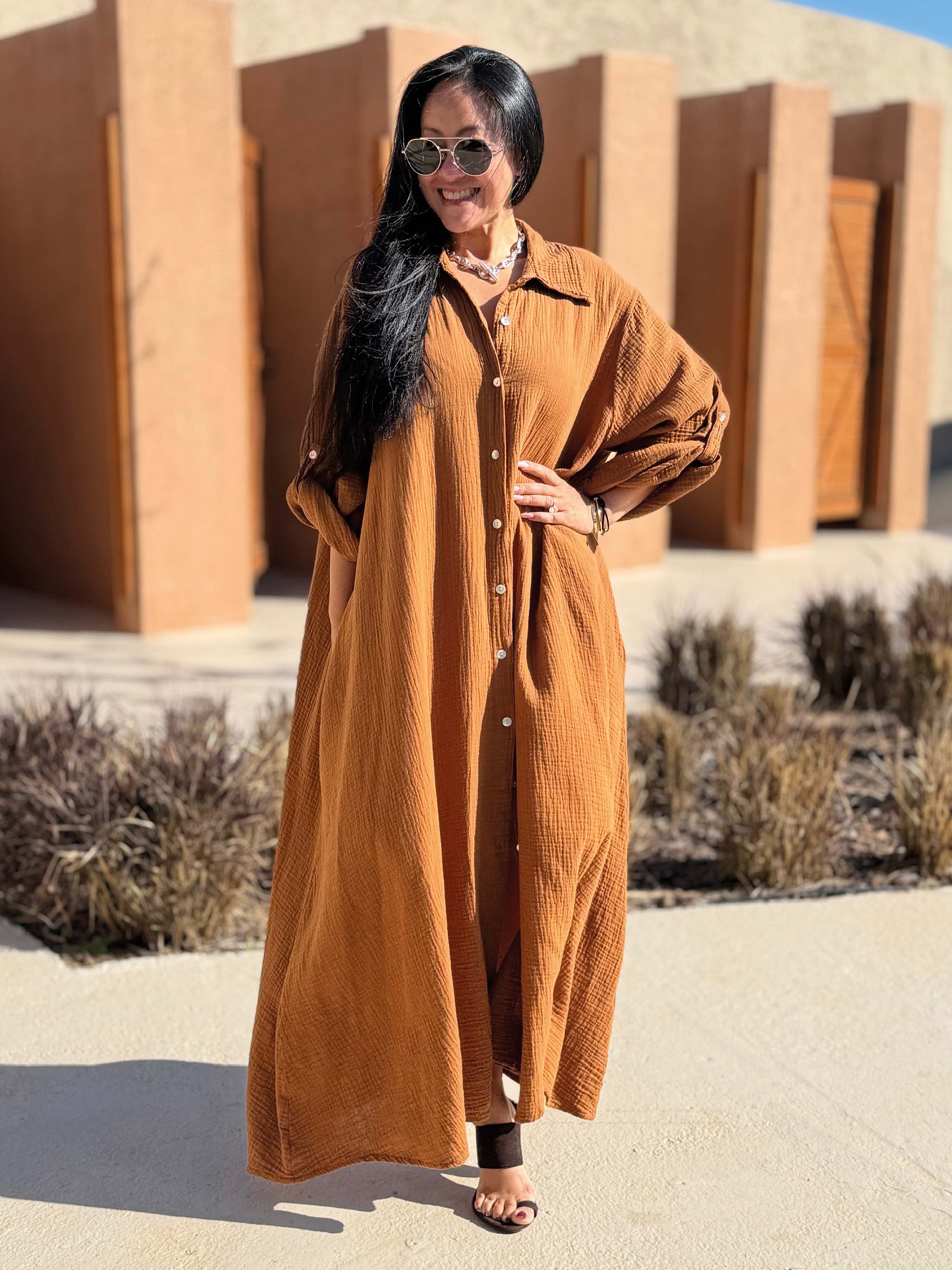 Musselin Oversize Blusenkleid - A-Linie mit Seitentaschen - Cinnamon