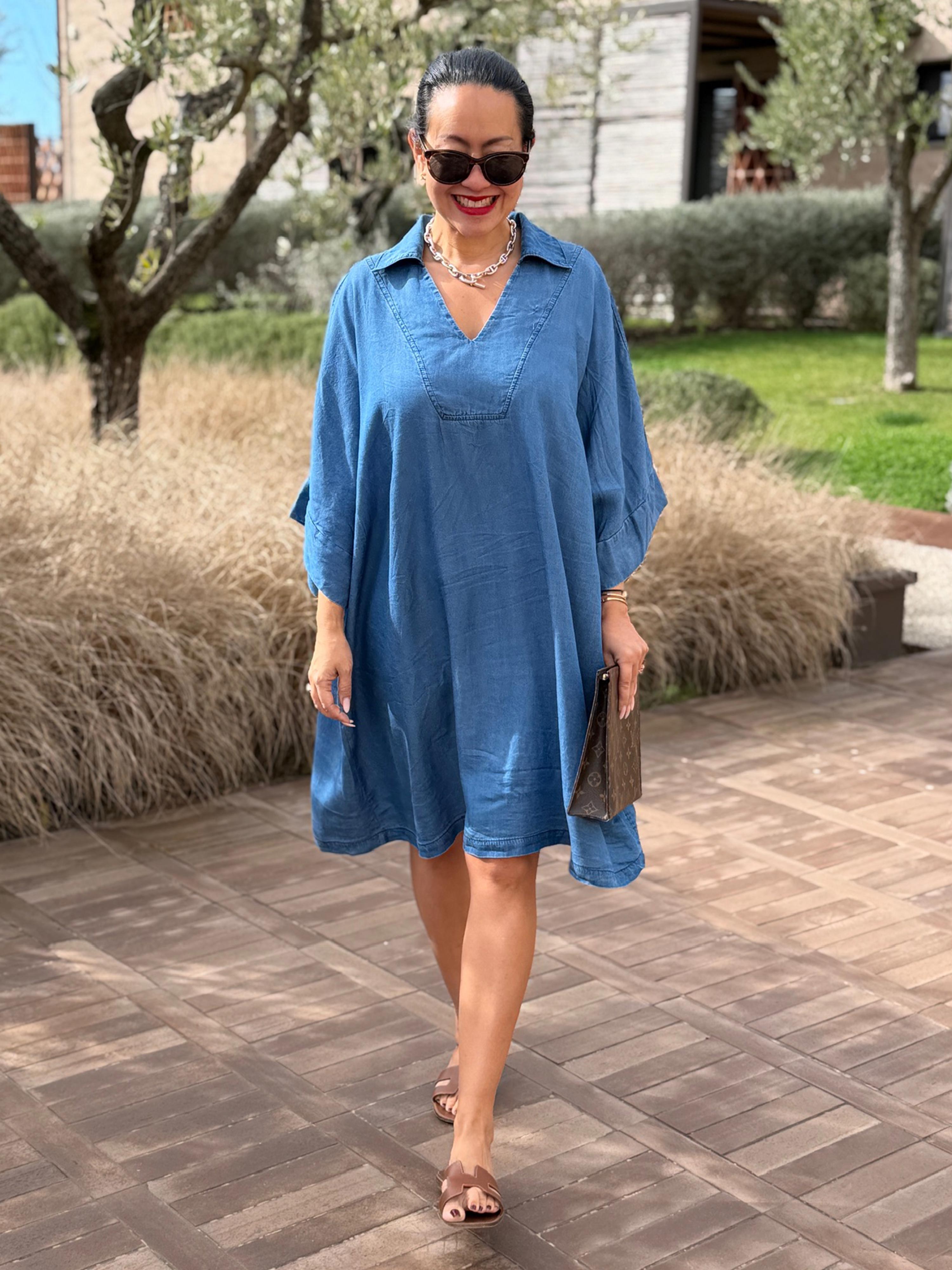 Lyocell Oversize Hemdtunika Midi - Medium Blue