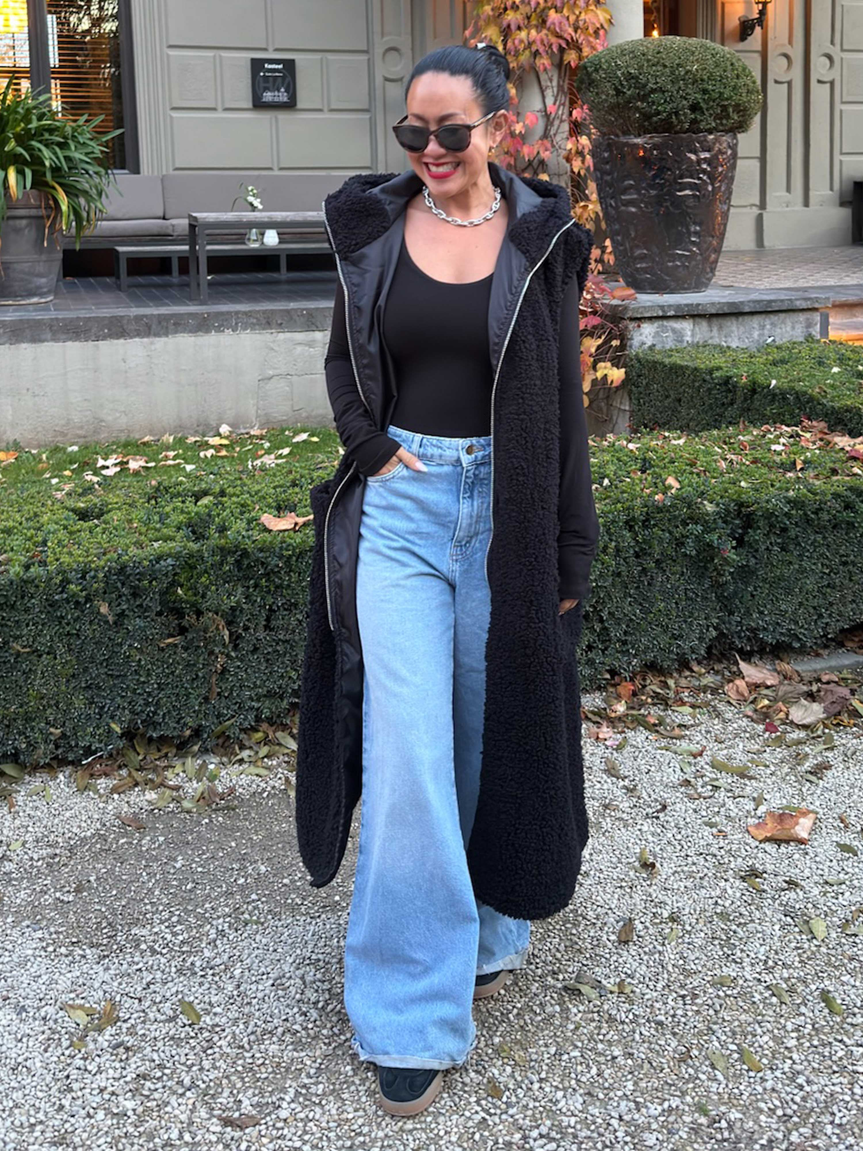 Teddylook Long Weste mit Kapuze - Schwarz