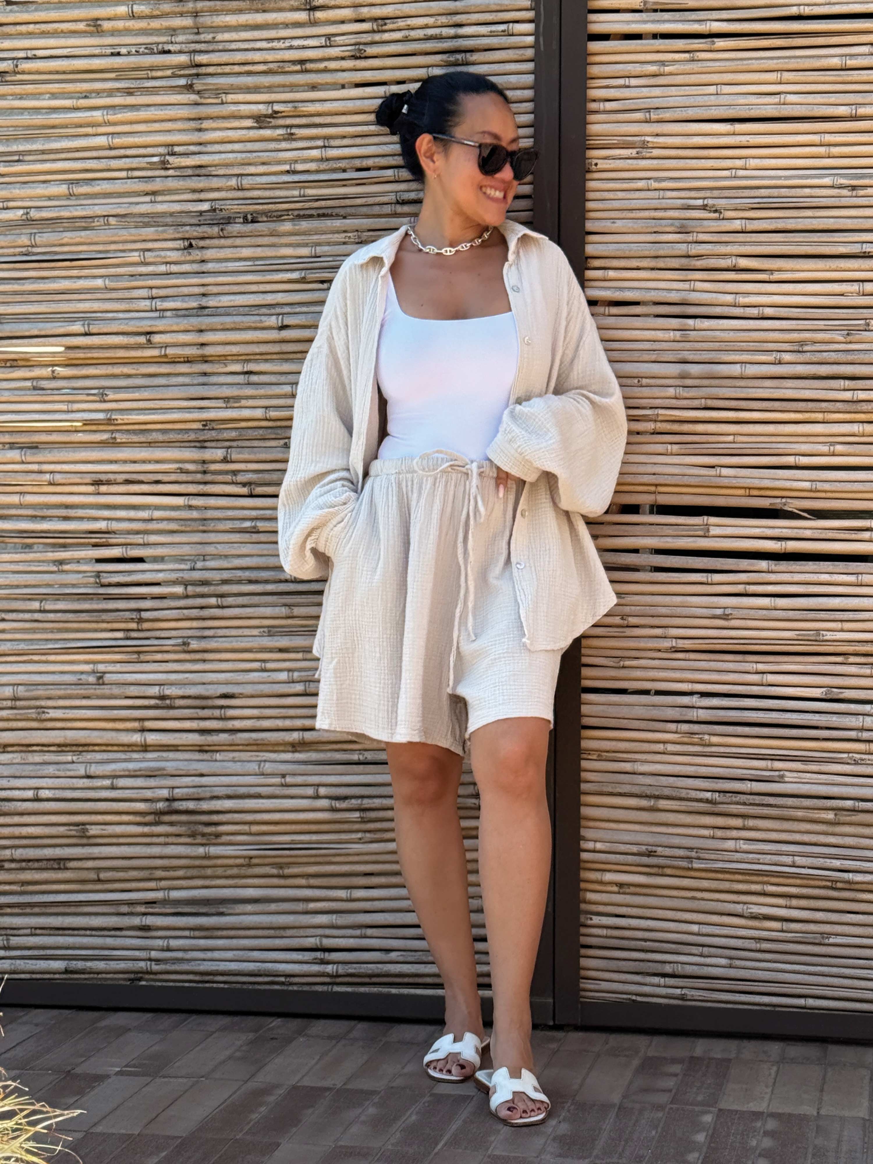 Musselin Midi Oversize Bluse - Beige Musselin Midi Oversize Bluse - Beige