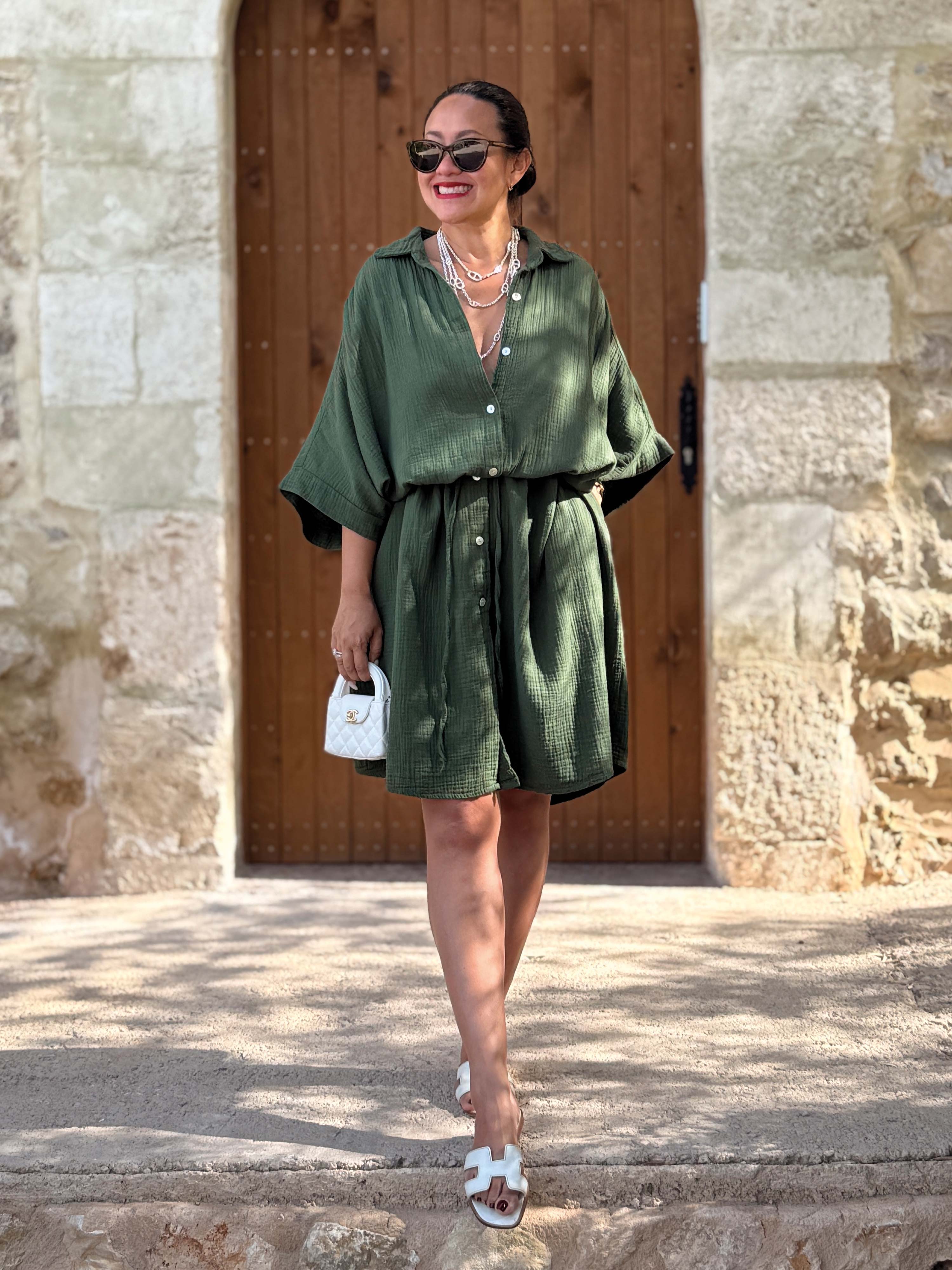 Musselin Oversize Kurzarm Blusenkleid - LANA - Olive
