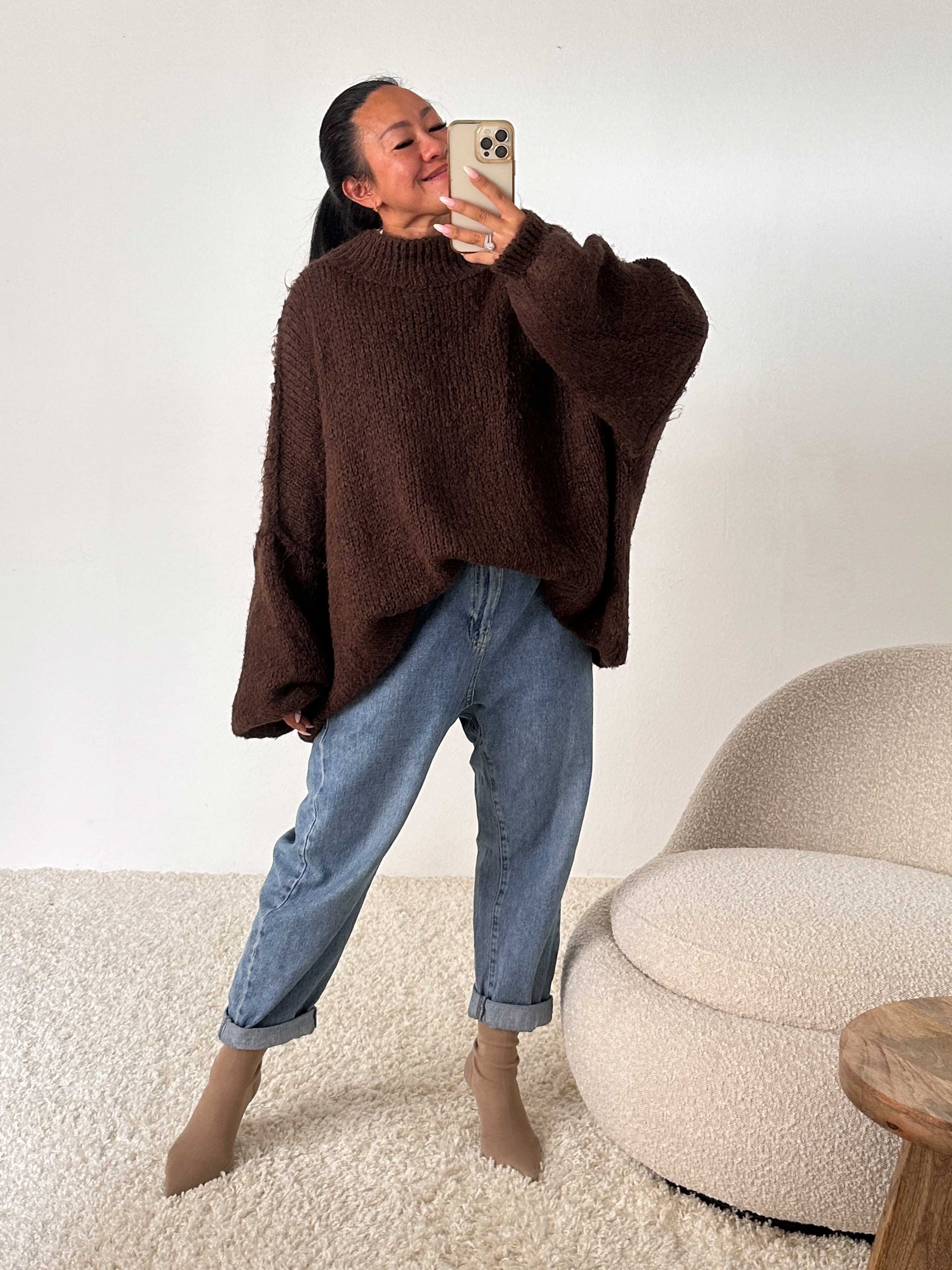 Oversize Strickpullover mit Stehkragen - FLAUSCHI - Schoko