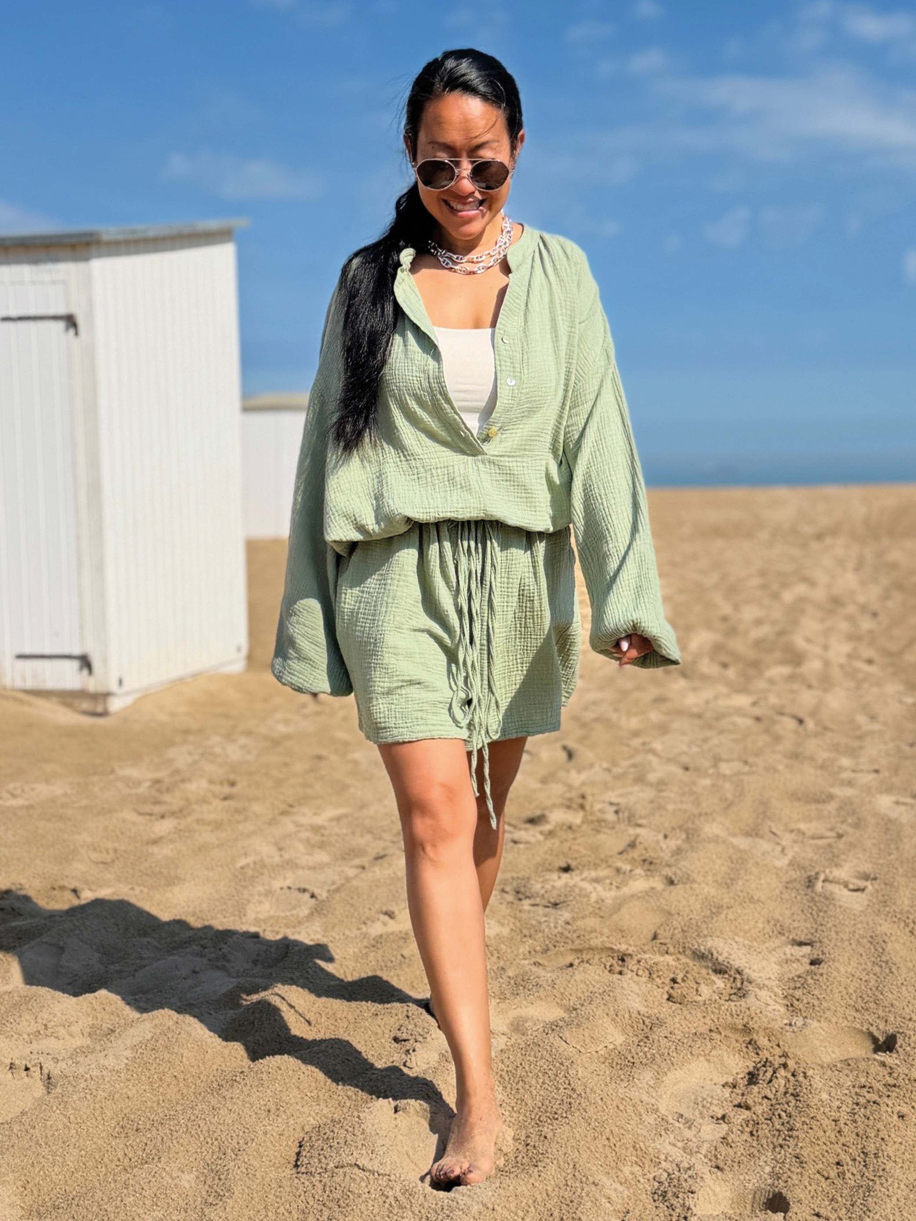 Musselin Vokuhila Oversize Bluse - Matcha