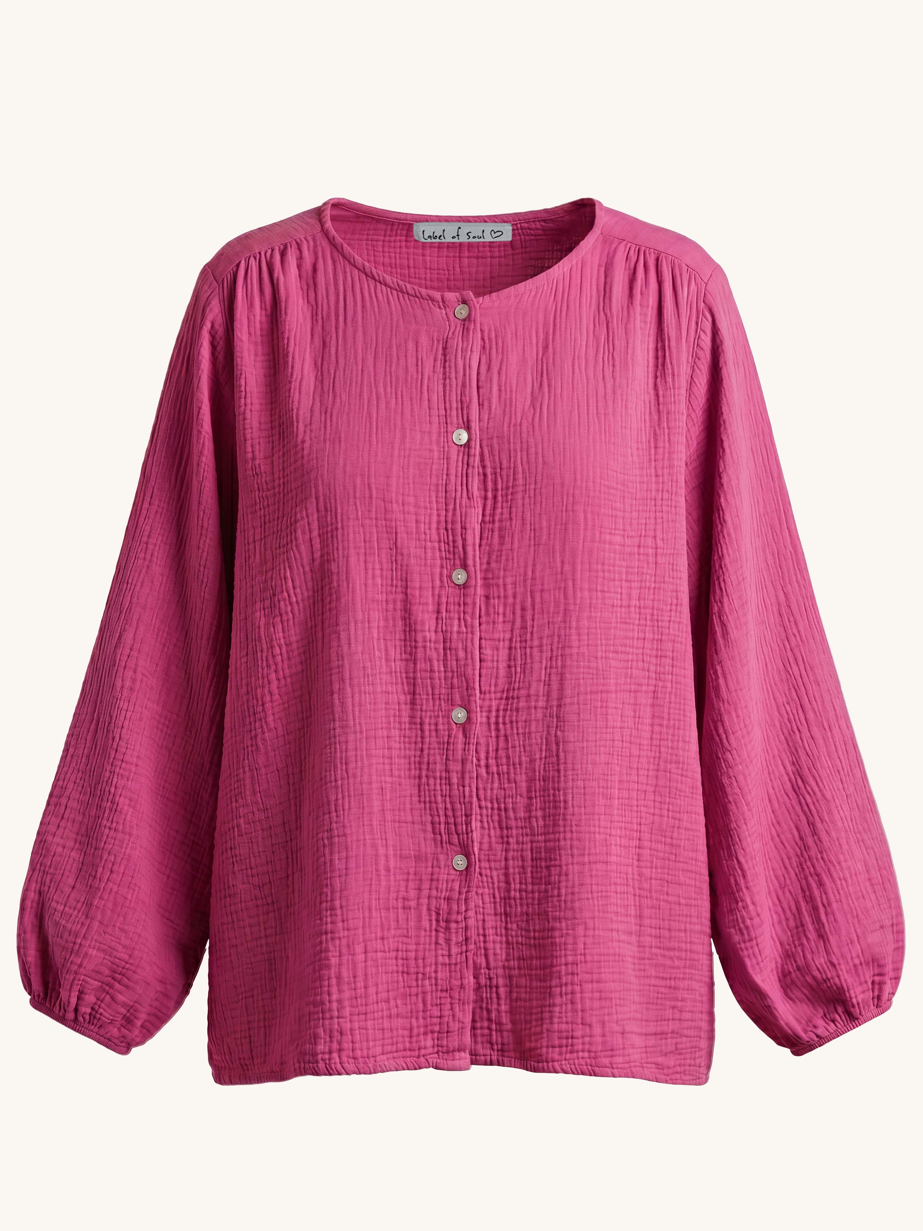 Musselin Oversize Bluse mit Rundhalsausschnitt - Magenta